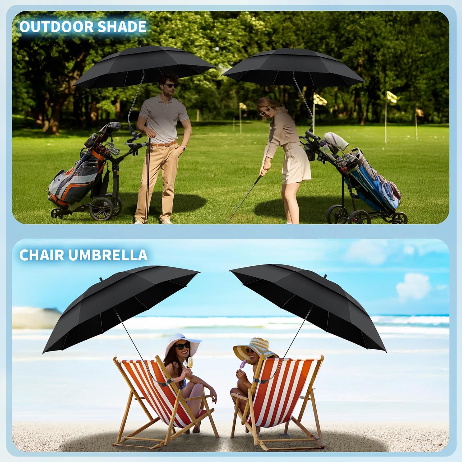 48.6" Double Canopy Beach Umbrella with Clamp, UPF50+ Beach Chair Umbrella with clip, 360°Adjustable Portable Outdoor Wheelchair, Patio, Golf Carts,Camping(Black) - Image 6