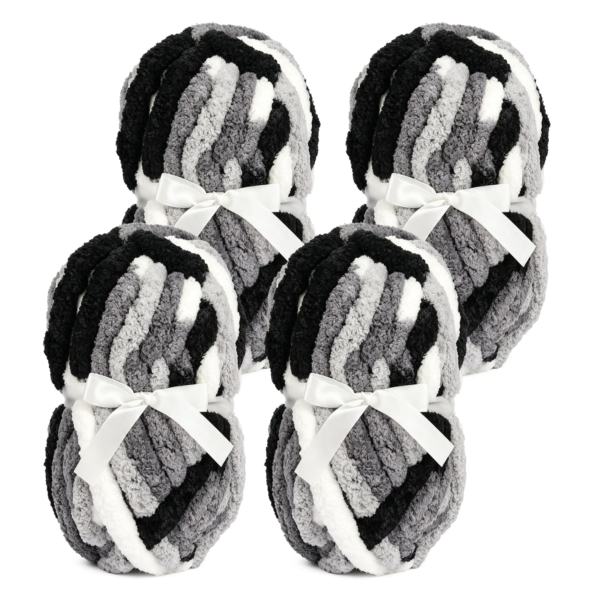 Chunky Chenille Yarn, Super Soft Fluffy Jumbo, 226g Skein, 24m Length, 2cm Diameter, for Hand Knitting and Crocheting, Blankets, Home Decor (4, Black & Grey & White)