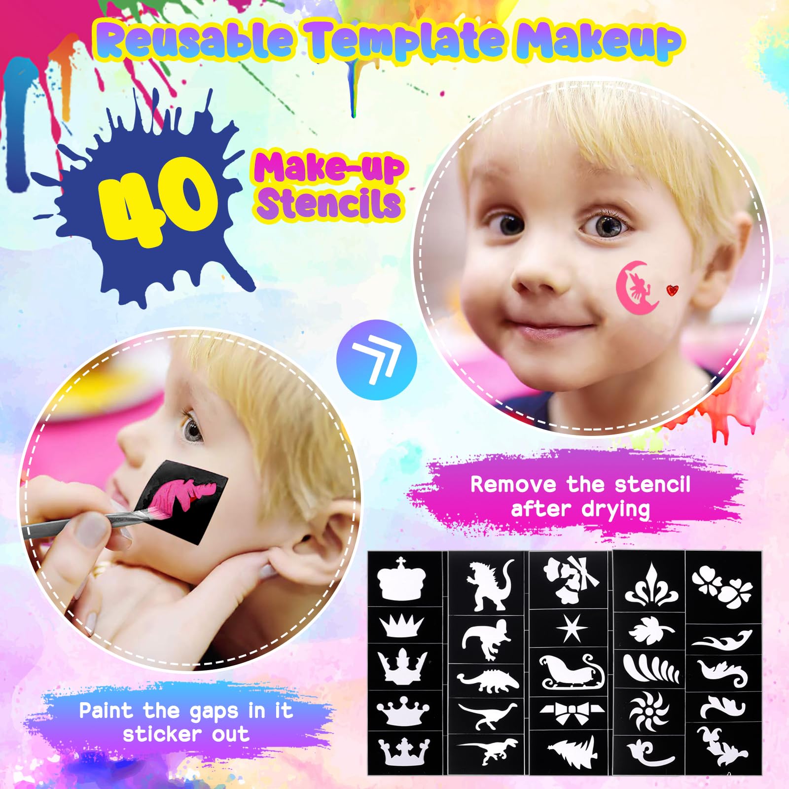 ZZXLOPEZ Body Painting, 26 Colori Pittura di Corpo con Pennelli e Stencil, Truccabimbi Kit, Trucchi Halloween Bambini, Corpo di Vernice Adatto Halloween, Carnevale, Natale, Pasquale, Cosplay