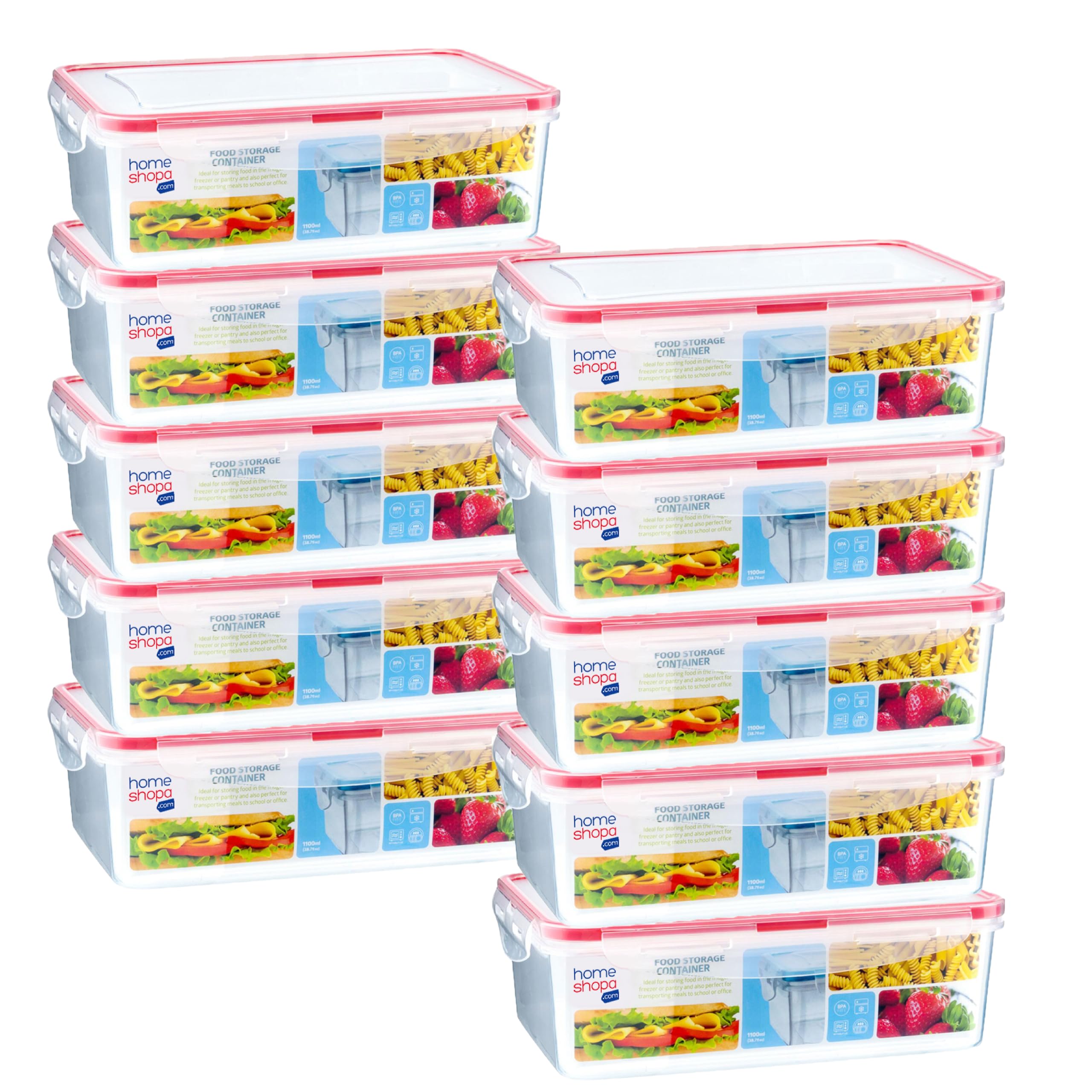 Homeshopa.com 10 Pack Homeshopa Plastic Airtight Food Storage Containers, 1100Ml Bpa Free Leakproof Stackable Reusable Lunch Boxes, Meal Prep Container For Kitchen & Pantry, Microwave Freezer Dishwasher Safe