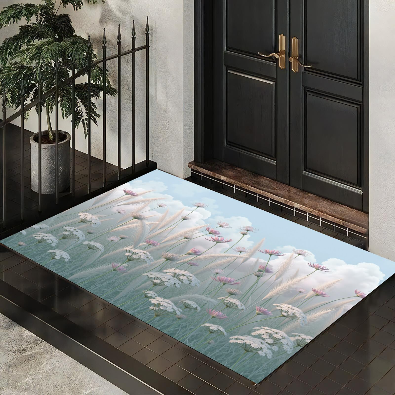Paillasson extérieur et intérieur prairie rose fleurie pour égayer l'entrée 60x90 cm