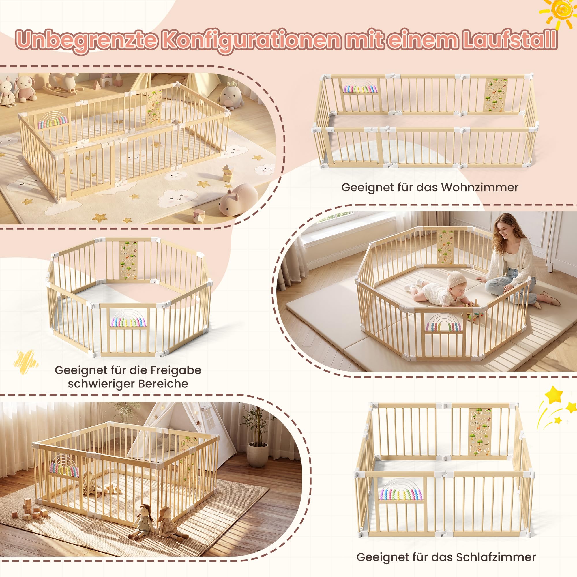 BLEKOO Laufstall Baby Holz mit Spielcenter – 140 x 140 cm Laufstall Baby Faltbar | Verstellbarer Holzlaufstall mit Spielzeug & Tor (8-teilig)