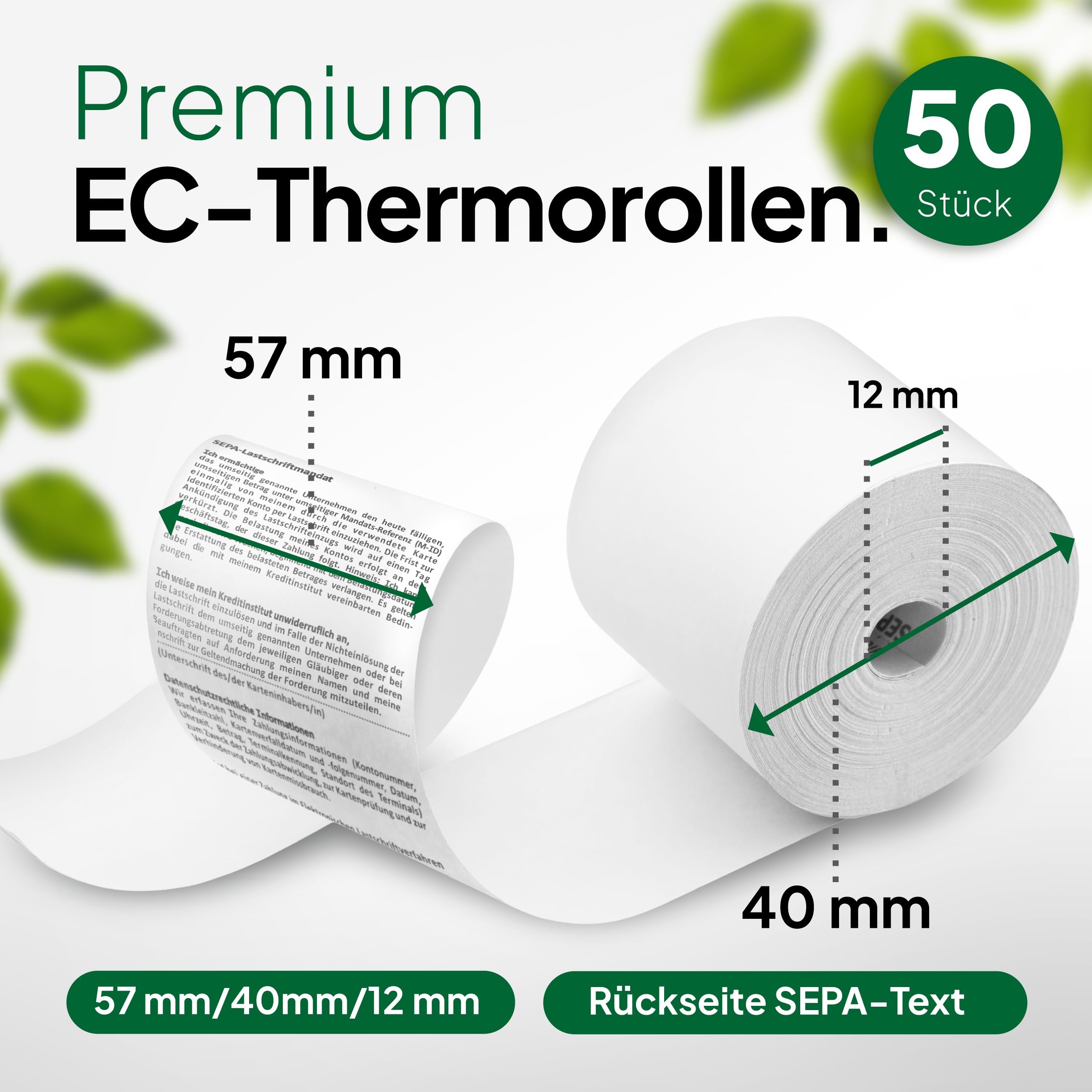 Coreless 50× EC-Thermorollen 57 mm × 40 m – SEPA-Aufdruck, kernlose Kassenrollen ohne Plastik – passend für gängige EC-Kartenterminals (z. B. Ingenico, Verifone, CCV, SumUp)