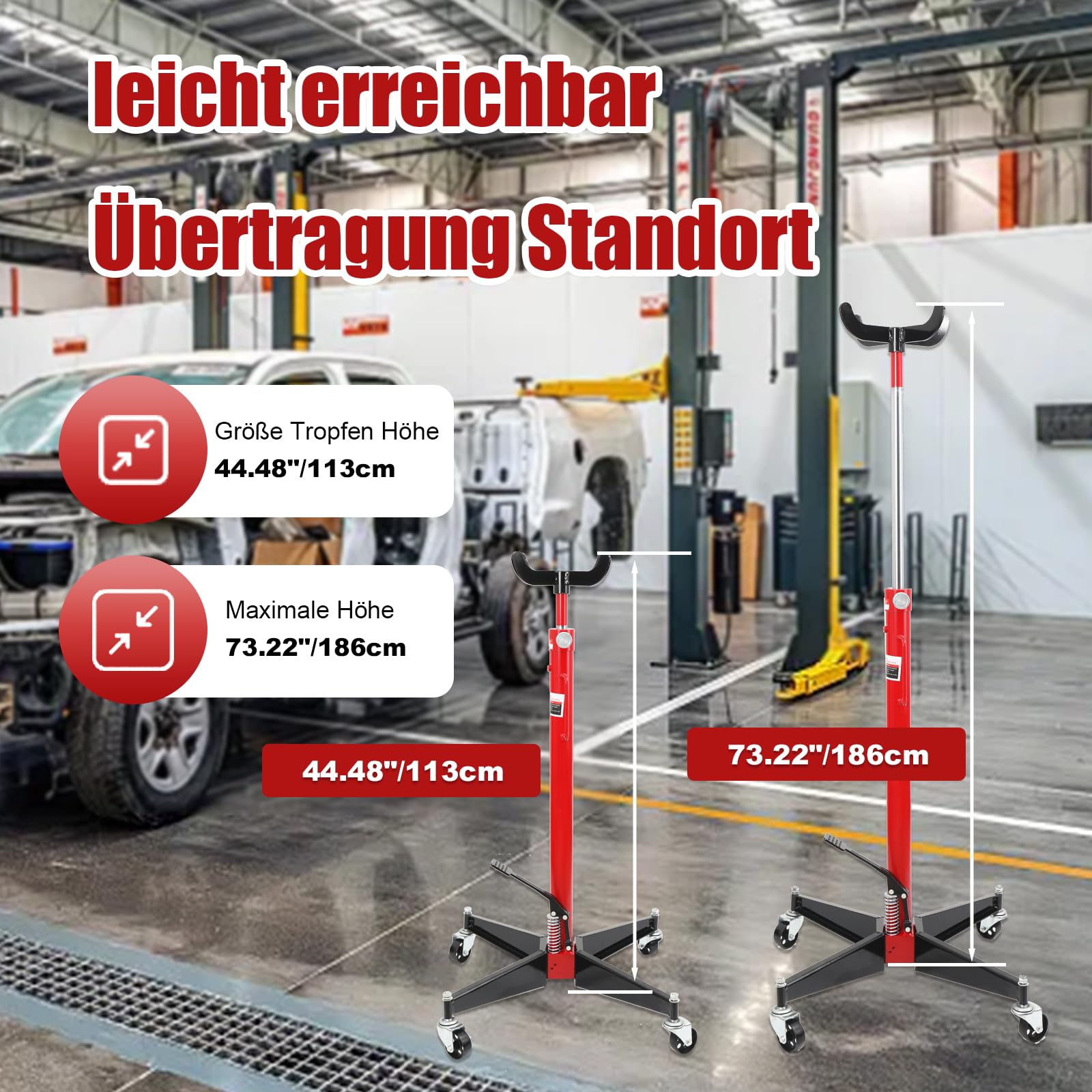 Getriebeheber hydraulisch, 500kg Hydraulik Motorheber, 113-186cm Hubhöhe | 4 Lenkrollen, stufenlos regulierbar, Mobiler Hydraulischer Getriebeheber für Kfz und LKW