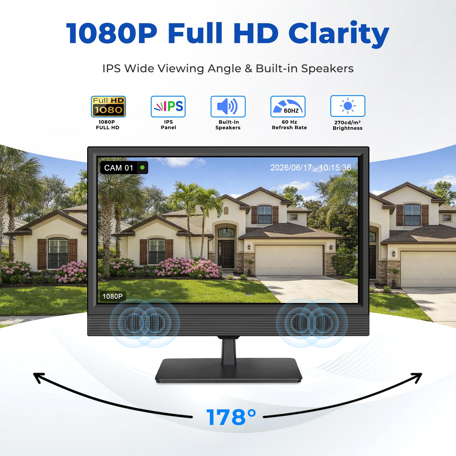 othoig Monitor per telecamera di sicurezza da 22 pollici, 1080p Full HD IPS CCTV, display di sorveglianza con ingressi HDMI, VGA, BNC, RCA, altoparlanti integrati e telecomando, monitor compatibile