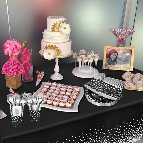 Miniatura 5 de Sirve para 25 invitados, platos de papel negro y plateado, servilletas para fiestas, platos de papel negro de 9 pulgadas, servilletas y manteles