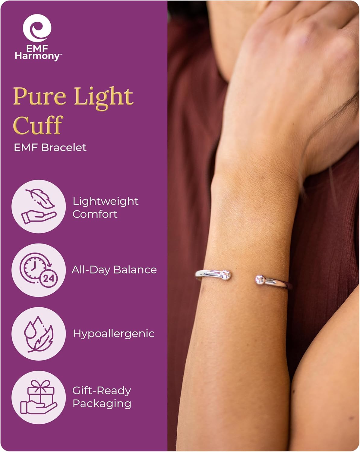 EMF Harmony Cuff Bracelet - Holistic Wellness Energetic Jewelry - Pure Light Cuff for Peace of Mind