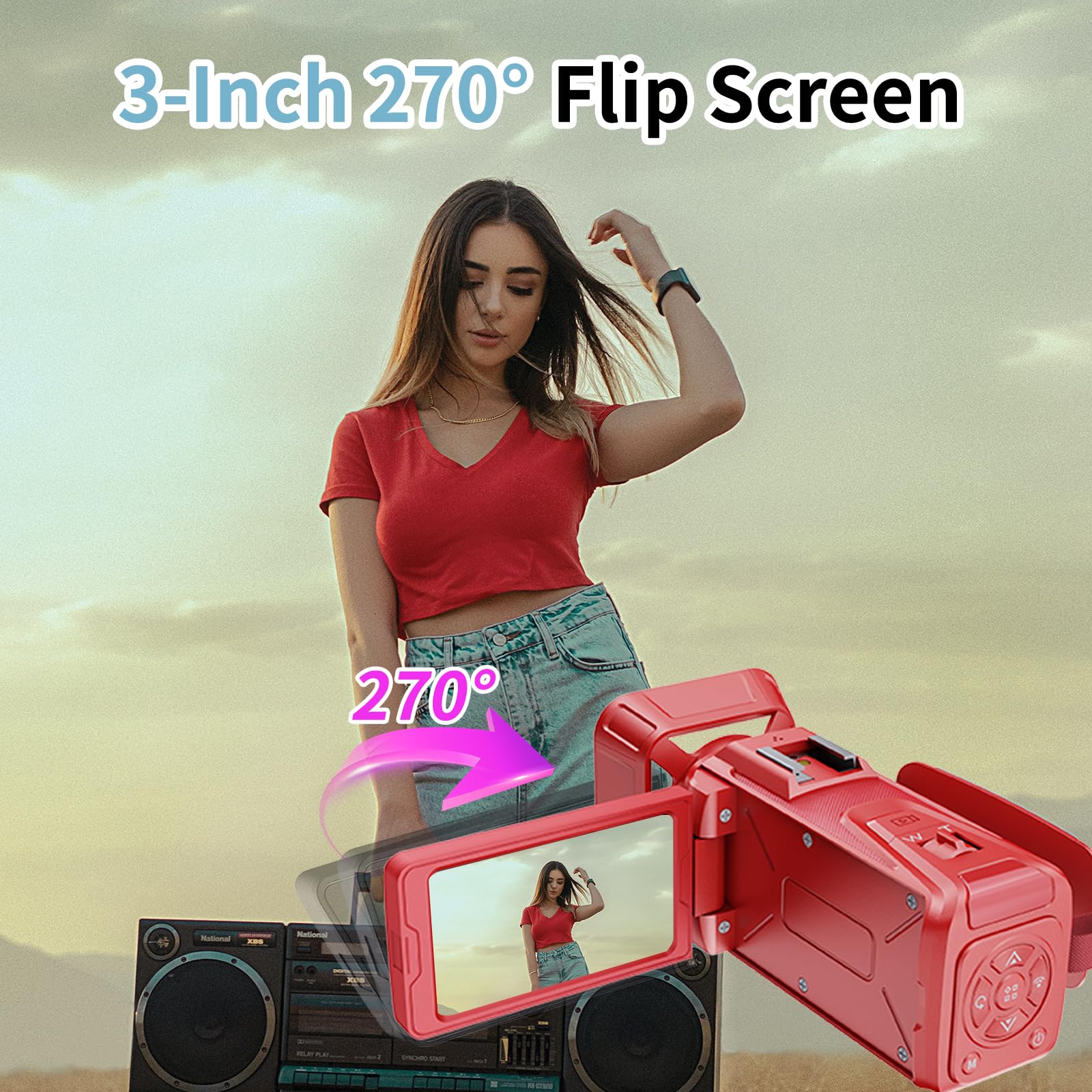 Videocamera 4K 64MP WiFi per YouTube Vlogging, zoom digitale 18X 3 pollici 270 ° Flip Screen, con scheda SD da 32 GB e lettore di schede, batteria integrata da 2500 mAh (rosso)