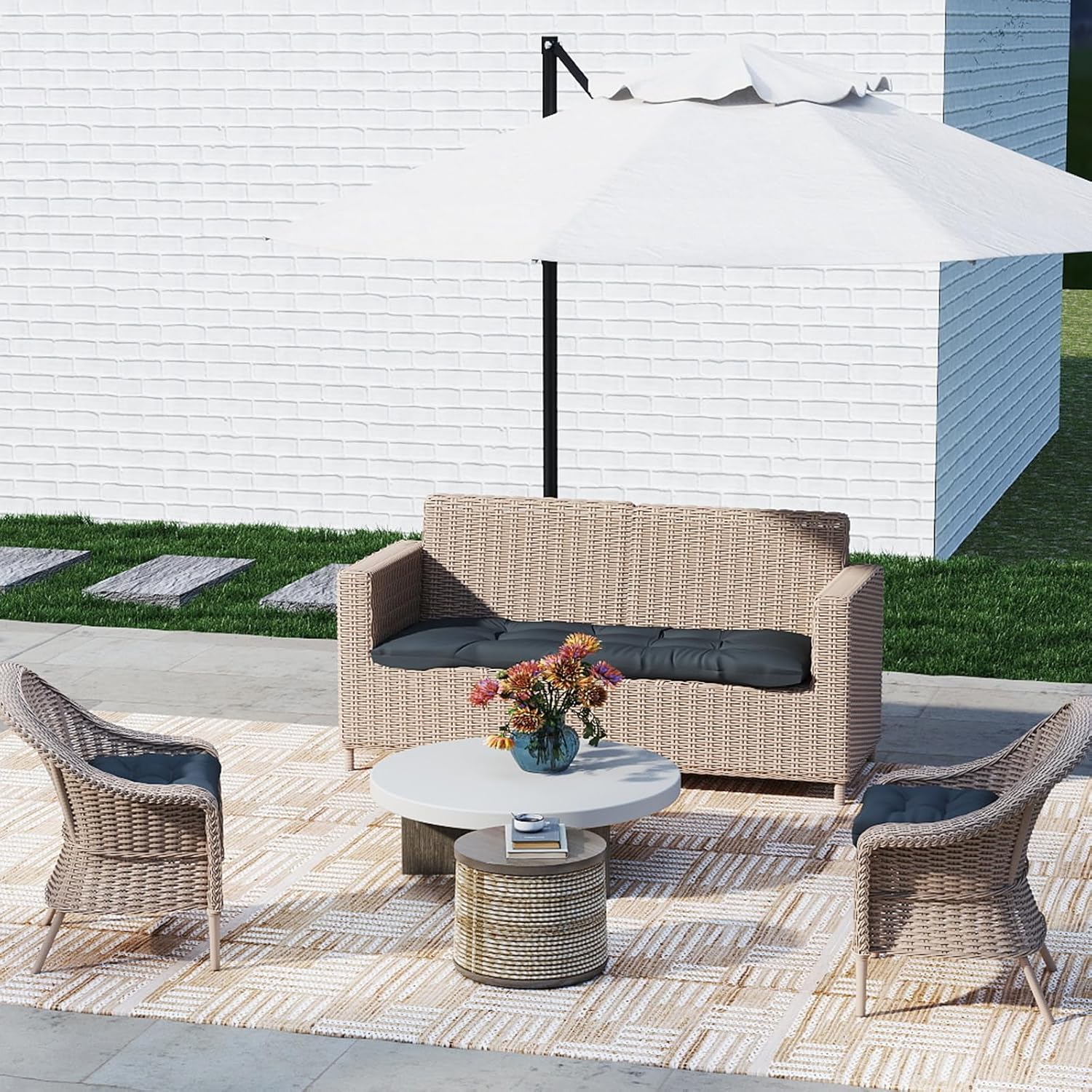 Outdoor Wicker Chair Cushions 3 Pieces for Patio Furniture, 1 Loveseat Cushion 44x22x4 and 2 U-Shaped Cushions 22x22x4, Indoor Outside Use, Fade-Resistant & Waterproof, Dark Gray