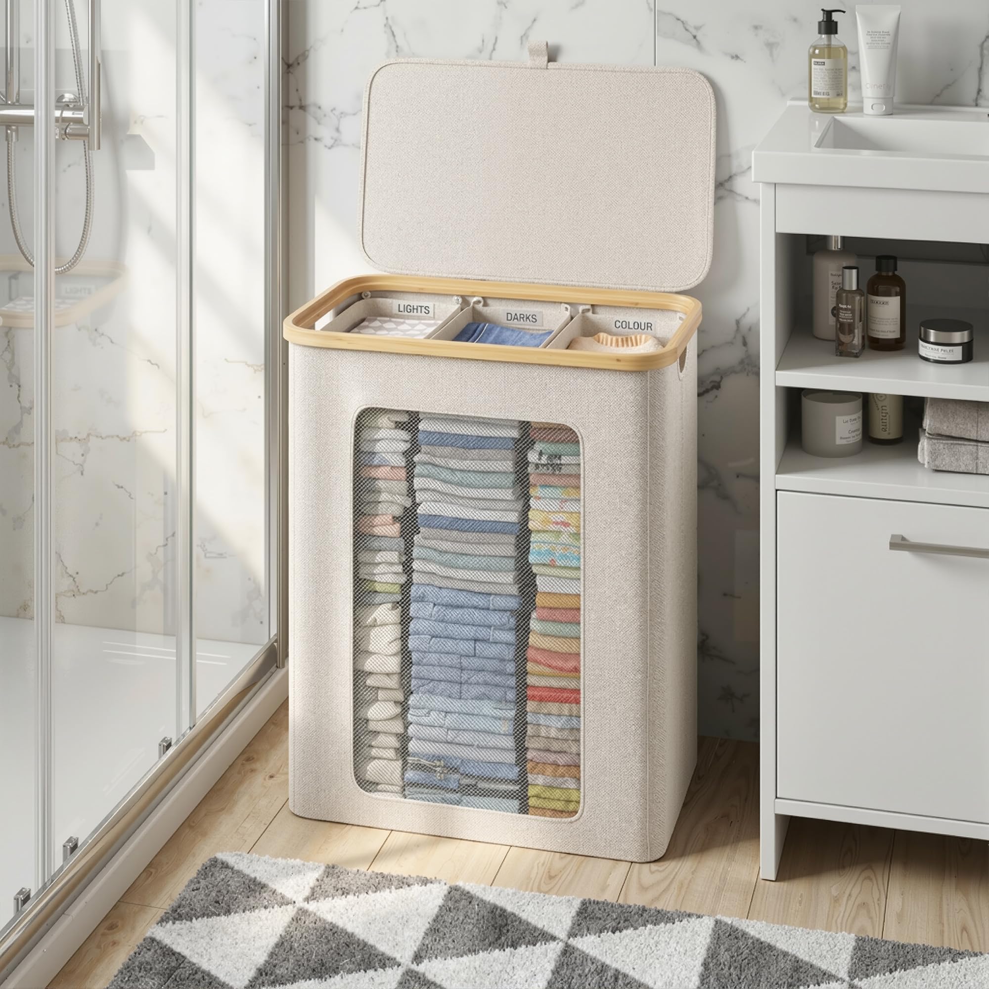 Wäschekorb 3 Fächer 160L, Wäschesammler mit Deckel, Bambusrahmen und 600D wasserdichtem Oxford Stoff, mit 3 herausnehmbaren Innentaschen für Schlafzimmer und Badezimmer, Beige