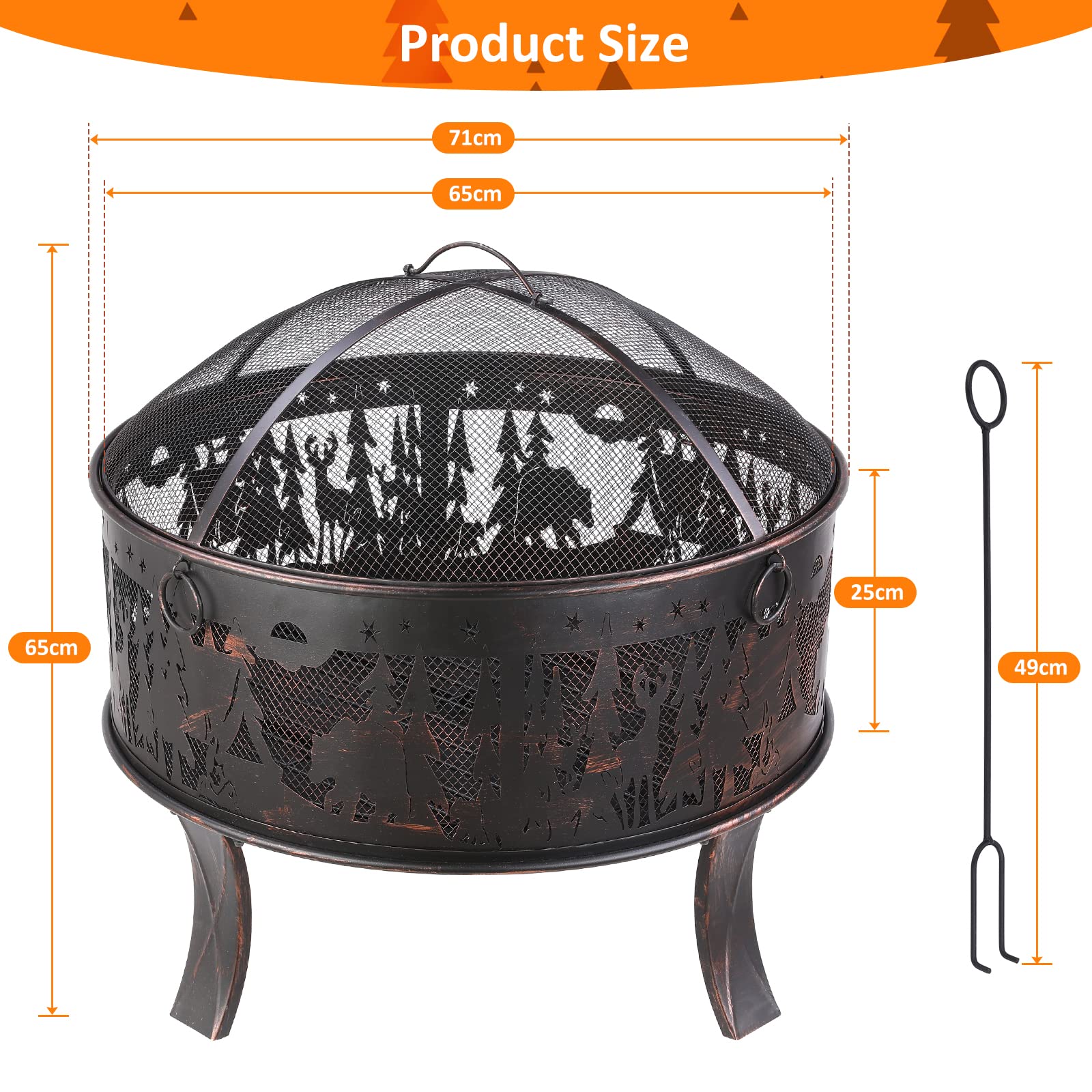 Braciere da giardino, braciere con parascintille, effetto retrò, con griglia per poker e carbone, riscaldamento in inverno, 4 PCS piede, motivo alce Ø 71 x 65 cm, per giardino, campeggio, spiaggia