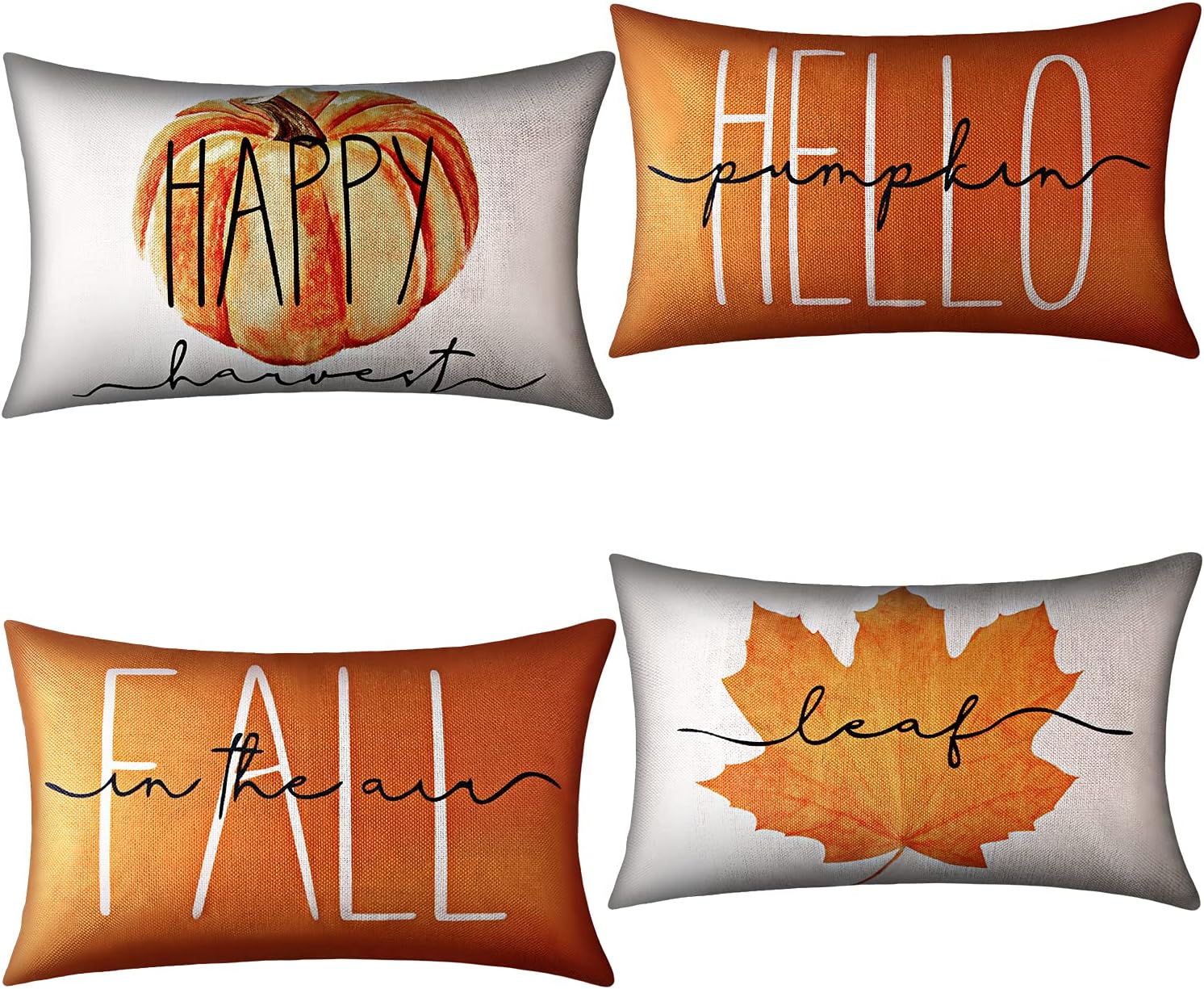 VIIVY VIYIV Fall Throw Pillow Covers 12x20 Set of 4 Farmhouse Leaves Pumpkin Decorative Square Cushion Covers Pillowcase for Home Decor Orange and White