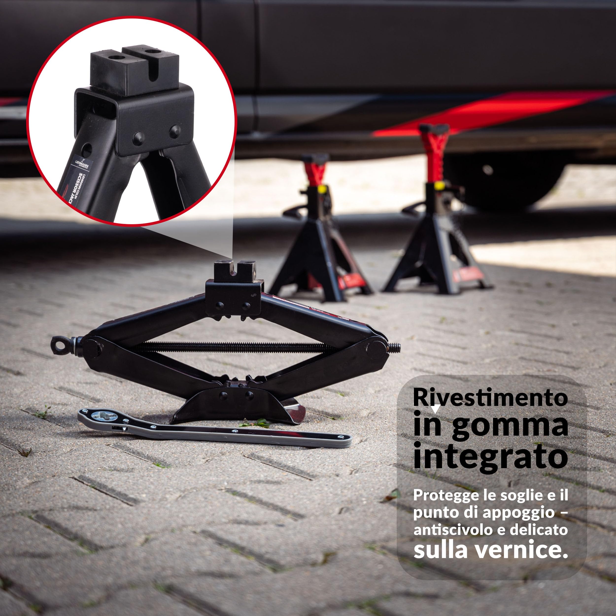 LEHMANN Cric Auto 2T - Cric a Forbice con Chiave a Cricchetto - Regolabile in Altezza 120–420mm – Cuscinetto in Gomma Integrato – ideale per Manutenzione, Riparazione e cambio gomme - Portatile