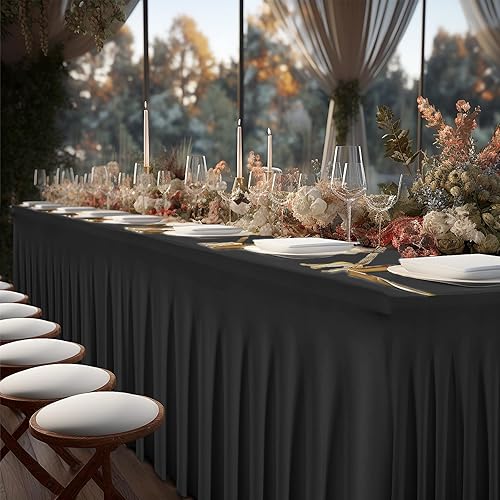 Miniatura 4 de Paquete de 2 manteles negros para mesas rectangulares de 6 pies, fundas de mesa de elastano elásticas resistentes a las arrugas con falda para