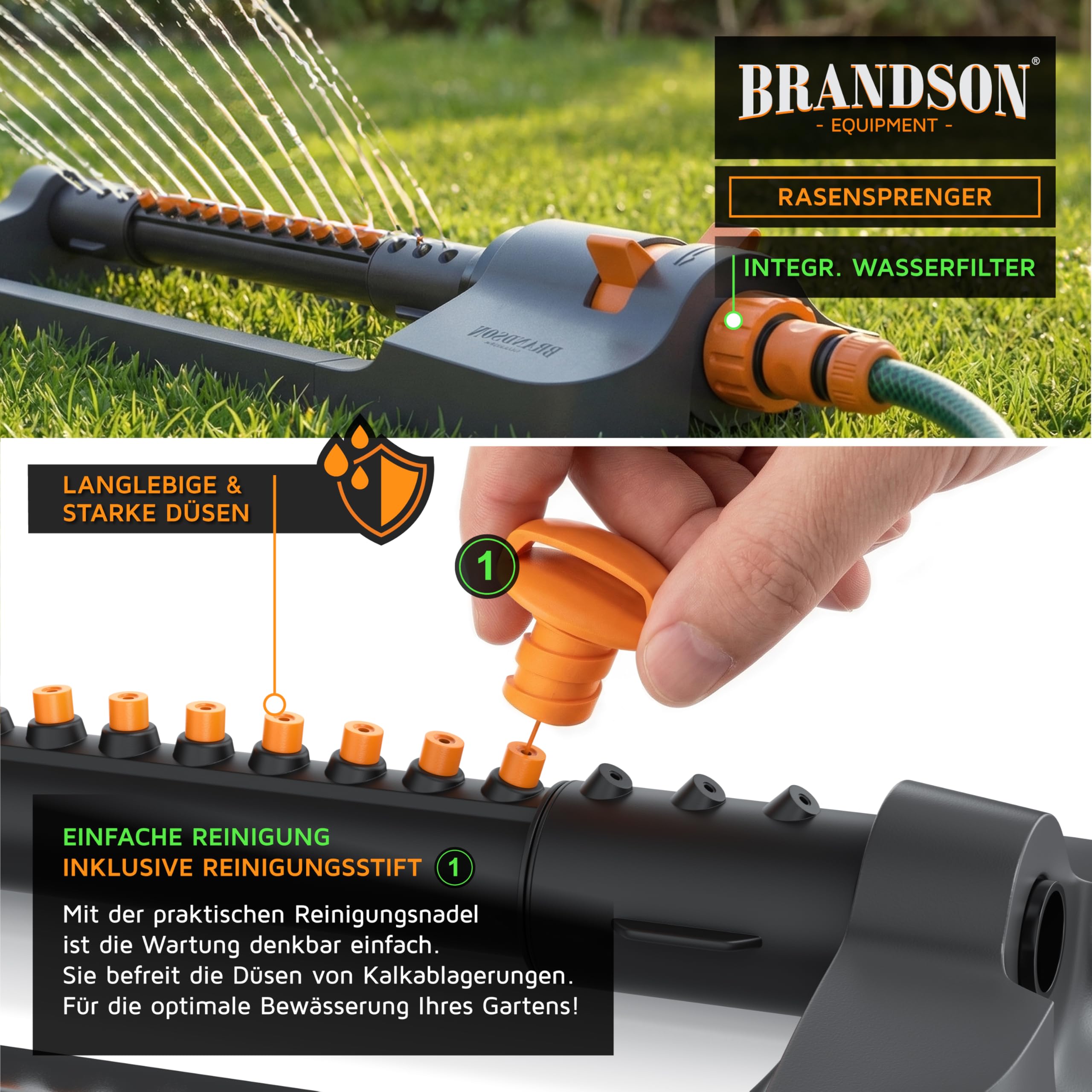 Brandson - Rasensprenger Viereckregner 3/4 Zoll – 17 Düsen (6 separat einstellbar) – für große Flächen – Oszillation 20° bis 140° – Sprengweite bis 15 m - Schnellkupplungsadapter - Garten Rasensprinkl
