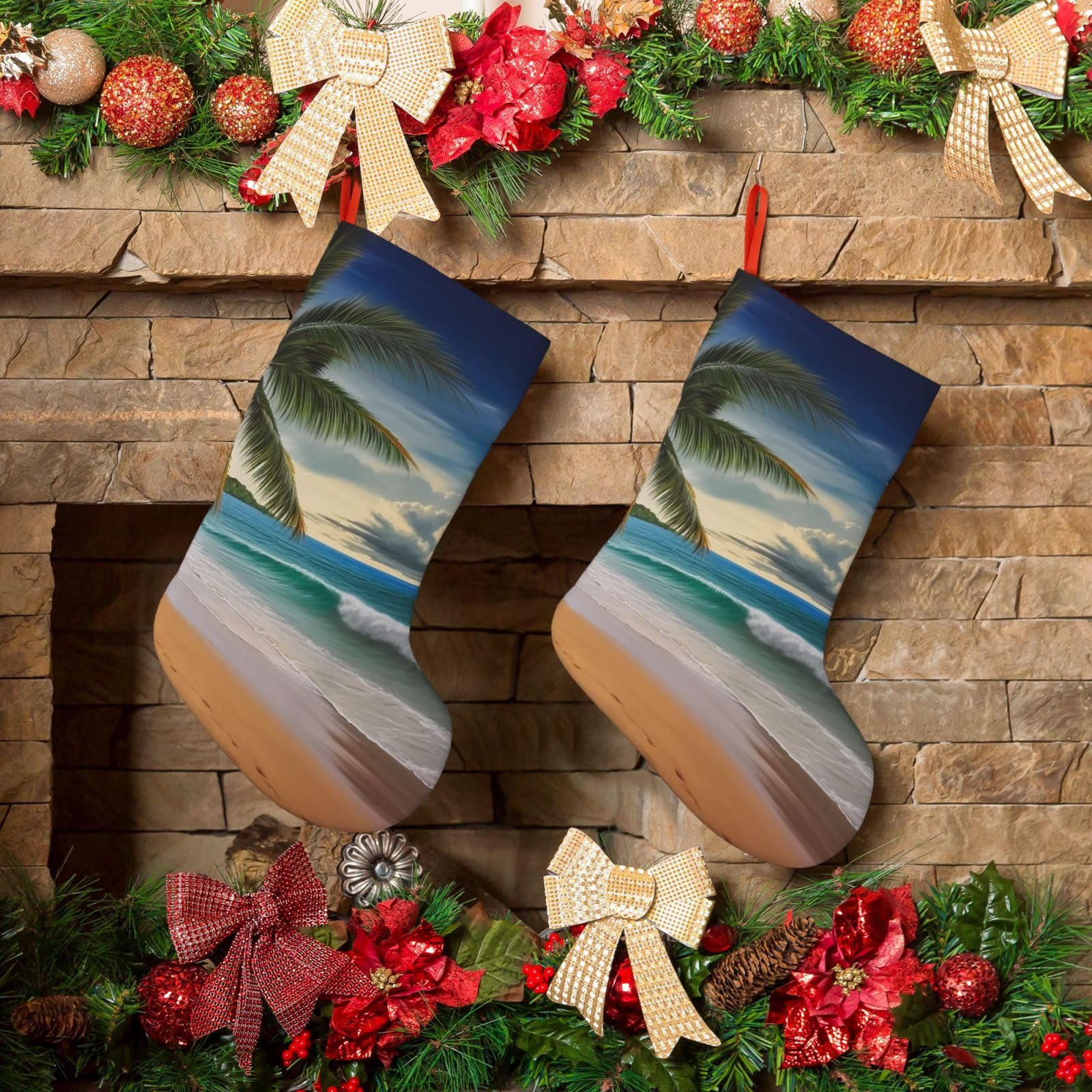 Coconut Palm Tree Sandy Beach Christmas Stockings 18 Inches Velvet Xmas Fireplace Hanging Stocking Rustic Christmas Santa Stockings for Home Christmas Decorations Party Favor Supplies