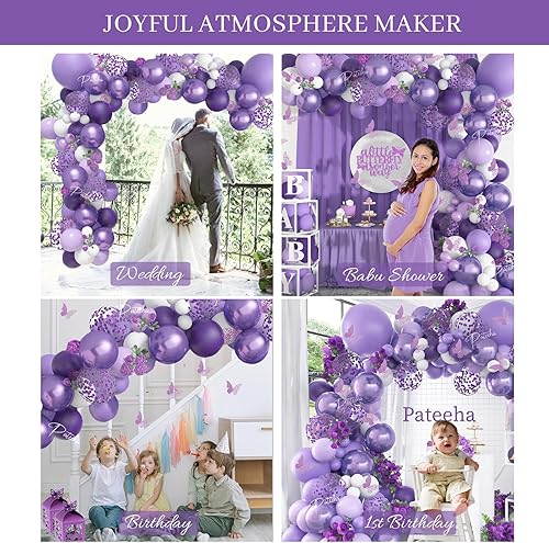 Miniatura 6 de Pateeha Juego de 2 guirnaldas de globos morados y arco de globos púrpura perla para cumpleaños, boda, baby shower, decoración de fiesta de mariposa