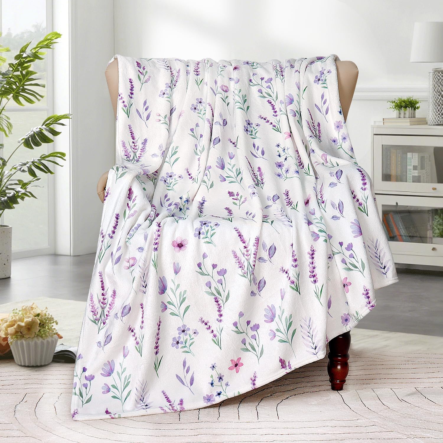 Purple Lavender Floral Throw Blanket Flower Botanical Throw Blankets Ultra Soft Cozy Flannel Throw Blanket Lightweight Fleece Fuzzy Plush Throw Blankets for Bed Chair Couch 50" X 60" - Image 2