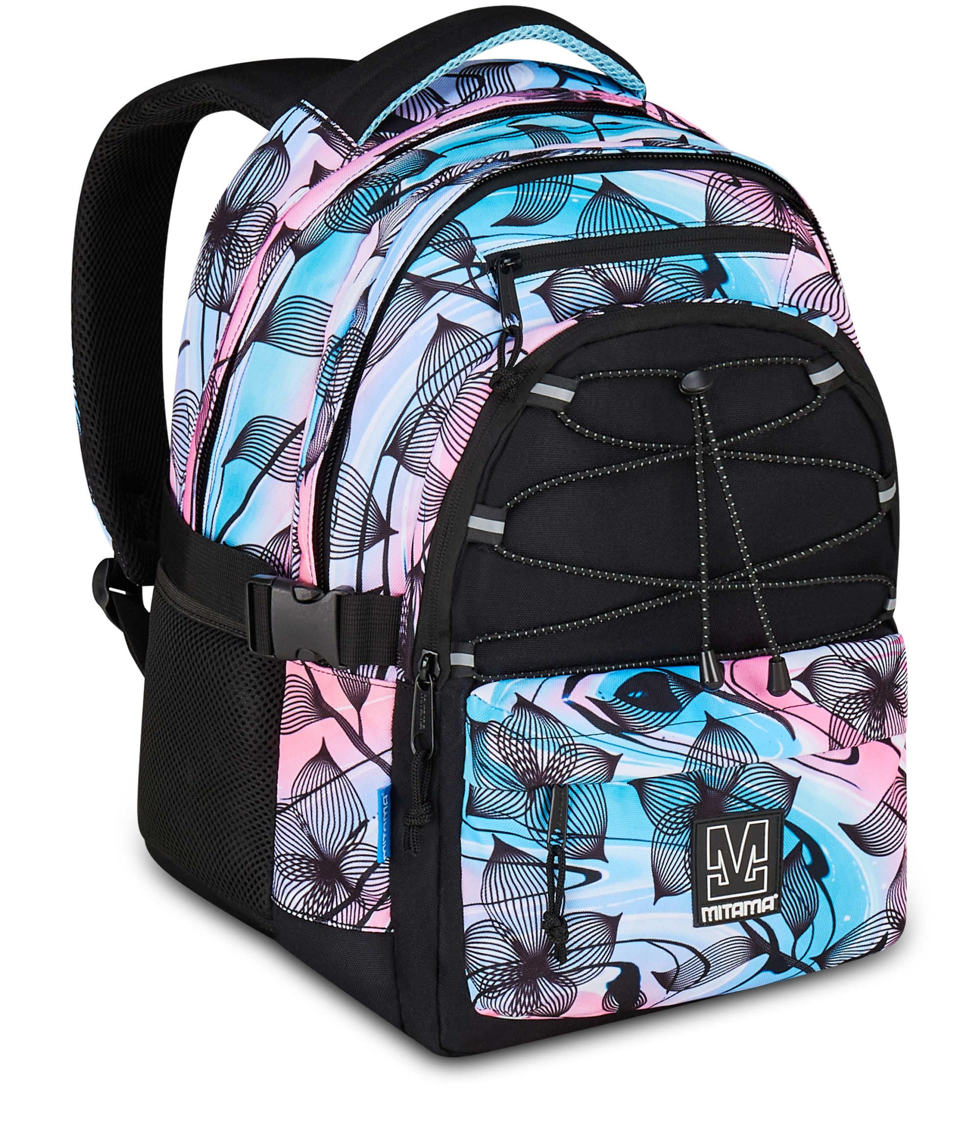 Mitama Zaino Scuola #BDBF FLOWER BREEZE, Celeste, Zaino Triplo Scomparto, Tasca Porta Borraccia, Porta USB Integrata, Larghezza Regolabile, Zaino Scuola Media e Superiore, Ragazza
