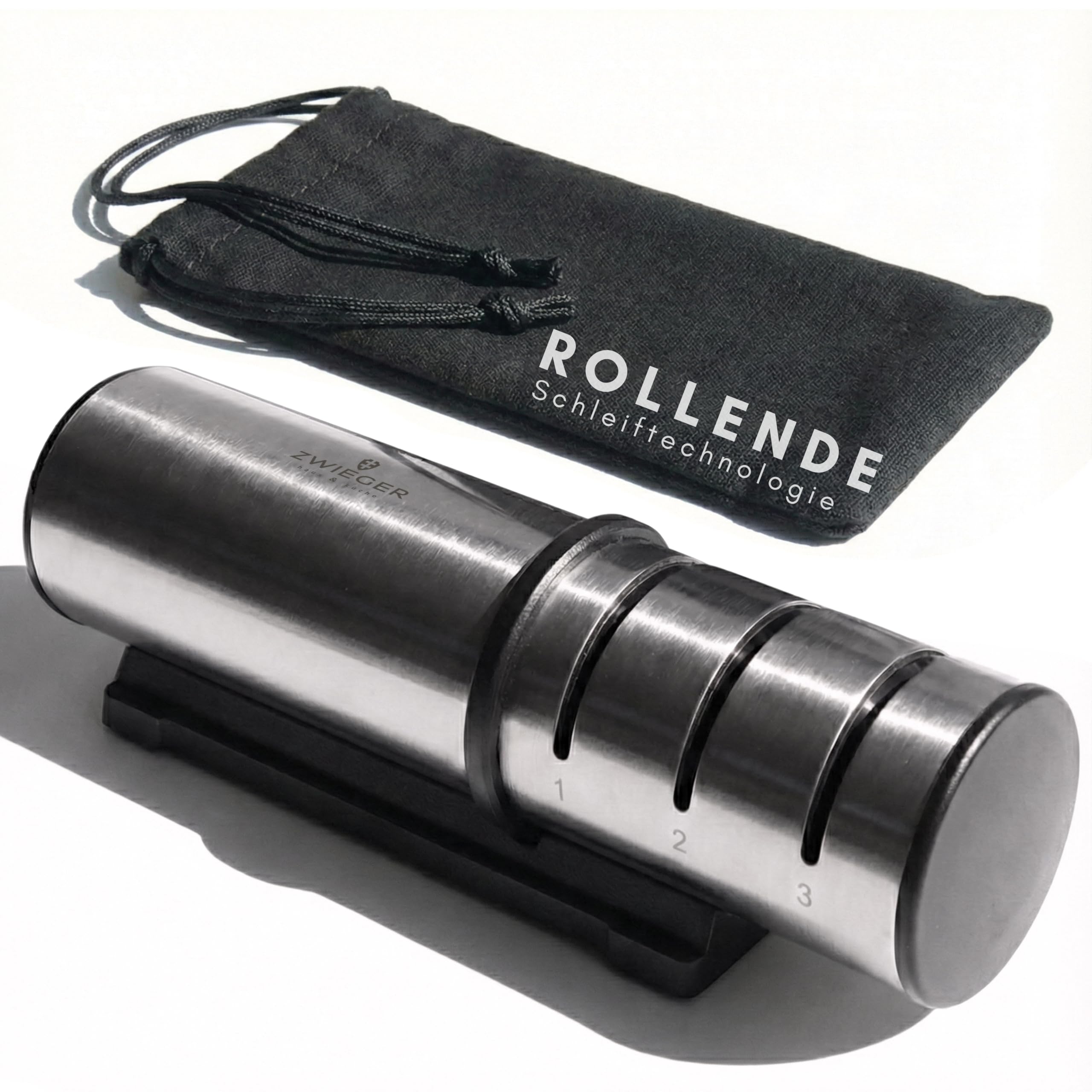 ZWIEGER Diamant Messerschärfer Profi mit Rollschleifer-Technologie – Messerschleifer mit 3 Stufen: 2 Diamant-Rollen & 1 Keramik-Rolle – Moderne Rollschleifer-Lösung – Rutschfester Boden