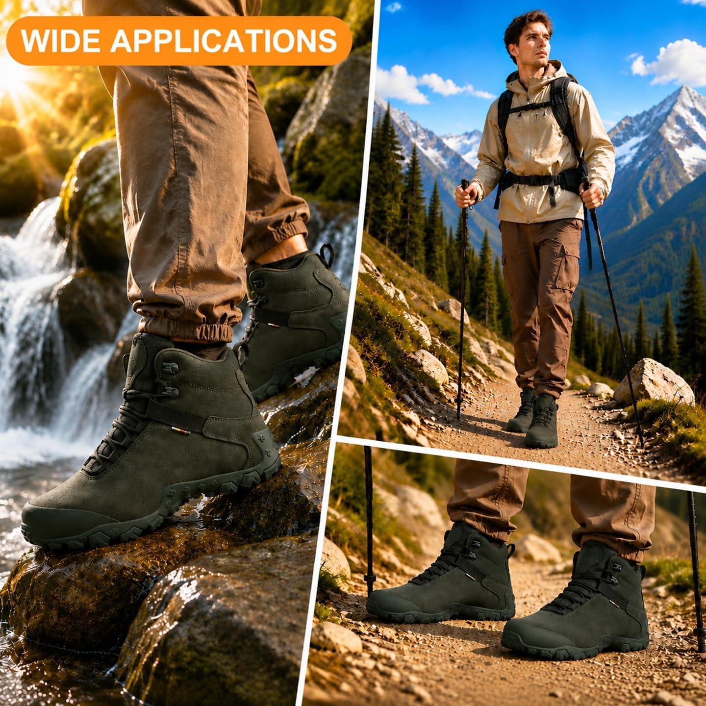 Men’s Wide Waterproof Hiking Boots, Lightweight Trail Boots with Non-Slip Sole, Comfortable for Hiking, Hunting, Backpacking & Outdoor Work