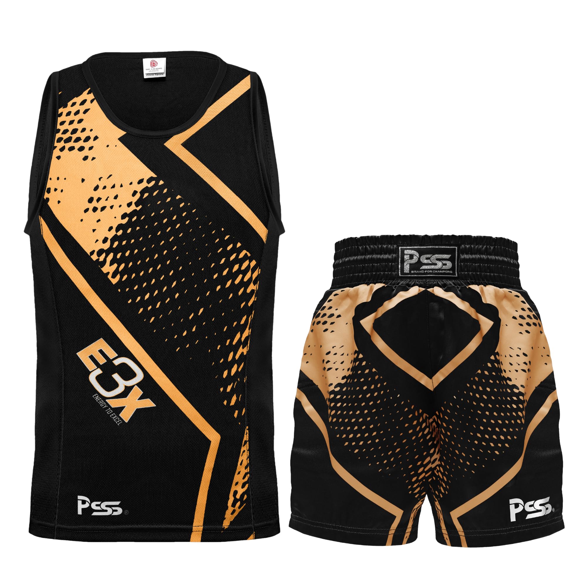 PSS Boxing Uniform Short and vest (Two-Piece) – Pro Training and Sparring Fight Boxing Competition Gear Lightweight, Breathable & Moisture-Wicking Fabric For Boys & Girls (Golden, 11-12 Years)