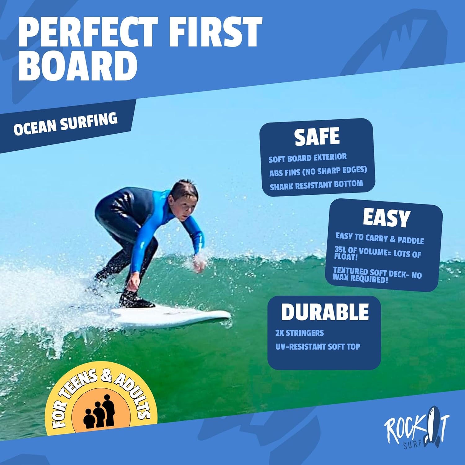 Rock-It 7' SHORTBUS Midsized Soft Top Surfboard, Surf Boards Adults, Innovative Design for Kids and Adults, Tabla de Surf, Beginner Surfboard, Kids Surfboard