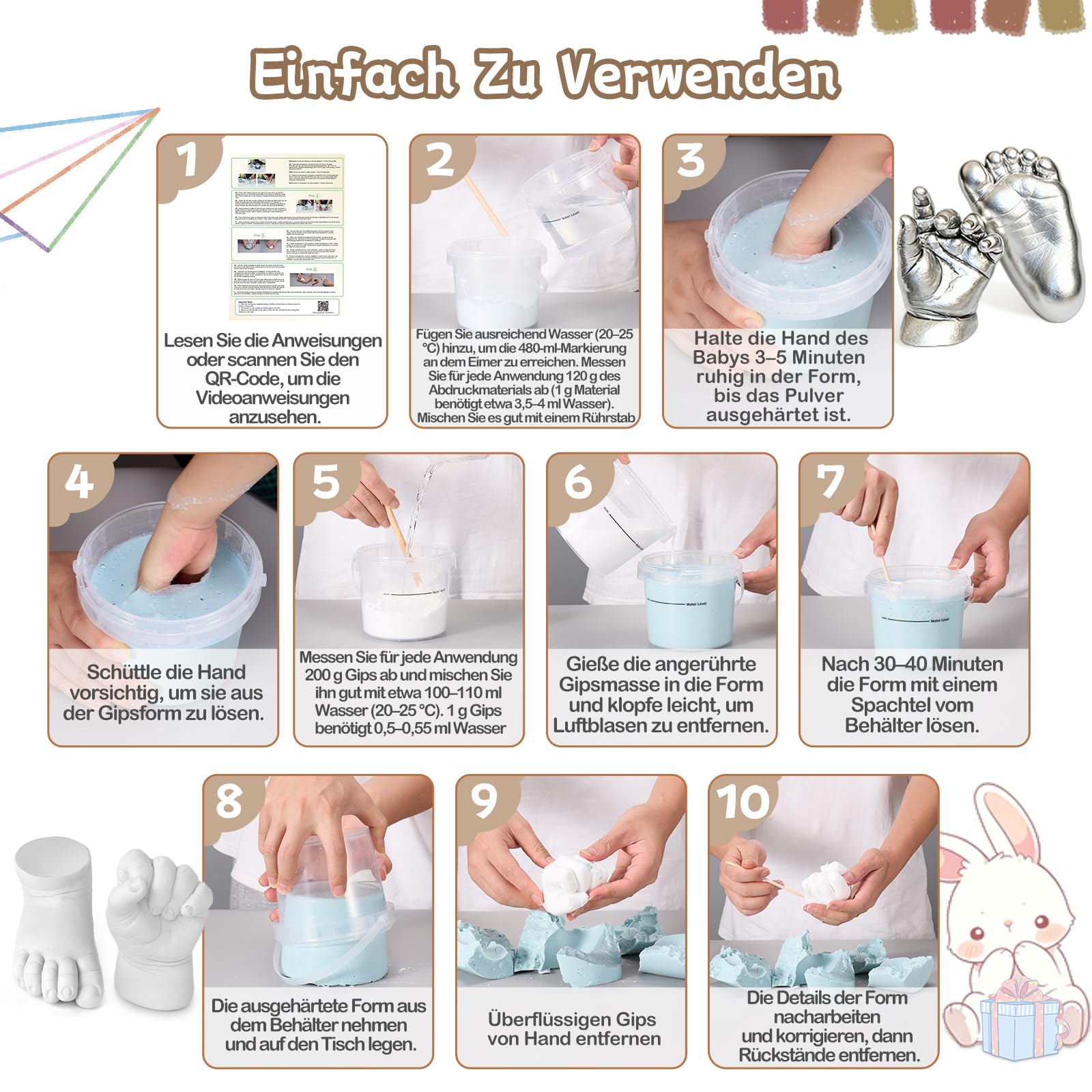 3D Gipsabdruck Baby Hand und Fuß(4 Abdrücken), Taricor Ungiftig Hand und Fußabdruck für Neugeborene, Abdruck Hände und Füße für Neugeborene für Babydusche Geschenk/Babyparty (0-9 Monate)