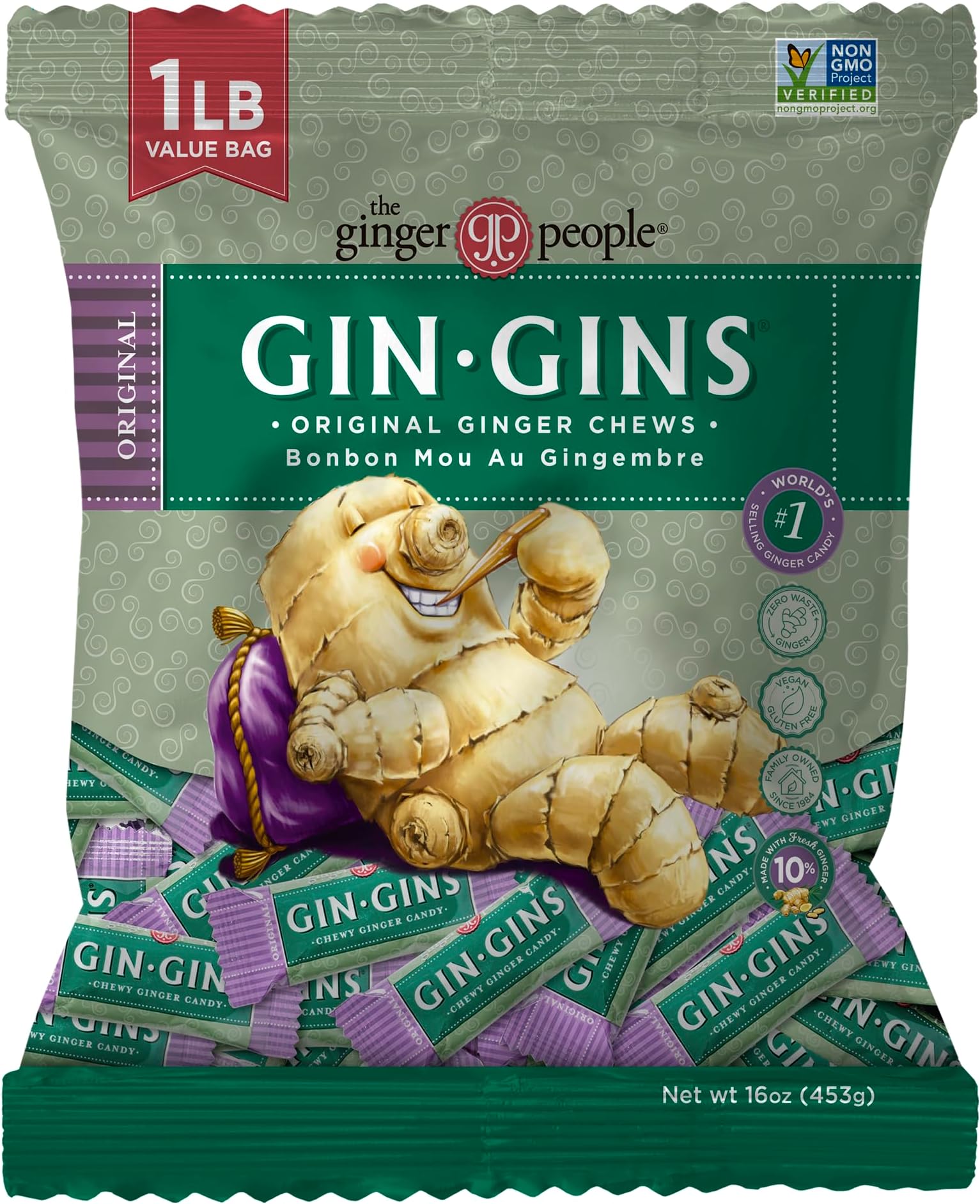 GIN GINS Original Ginger Chews – Natural Fresh Ginger Candy by The Ginger People – Individually Wrapped Healthy Candy – Original Flavor – Large 1 lb Bag (16oz) – Pack of 1