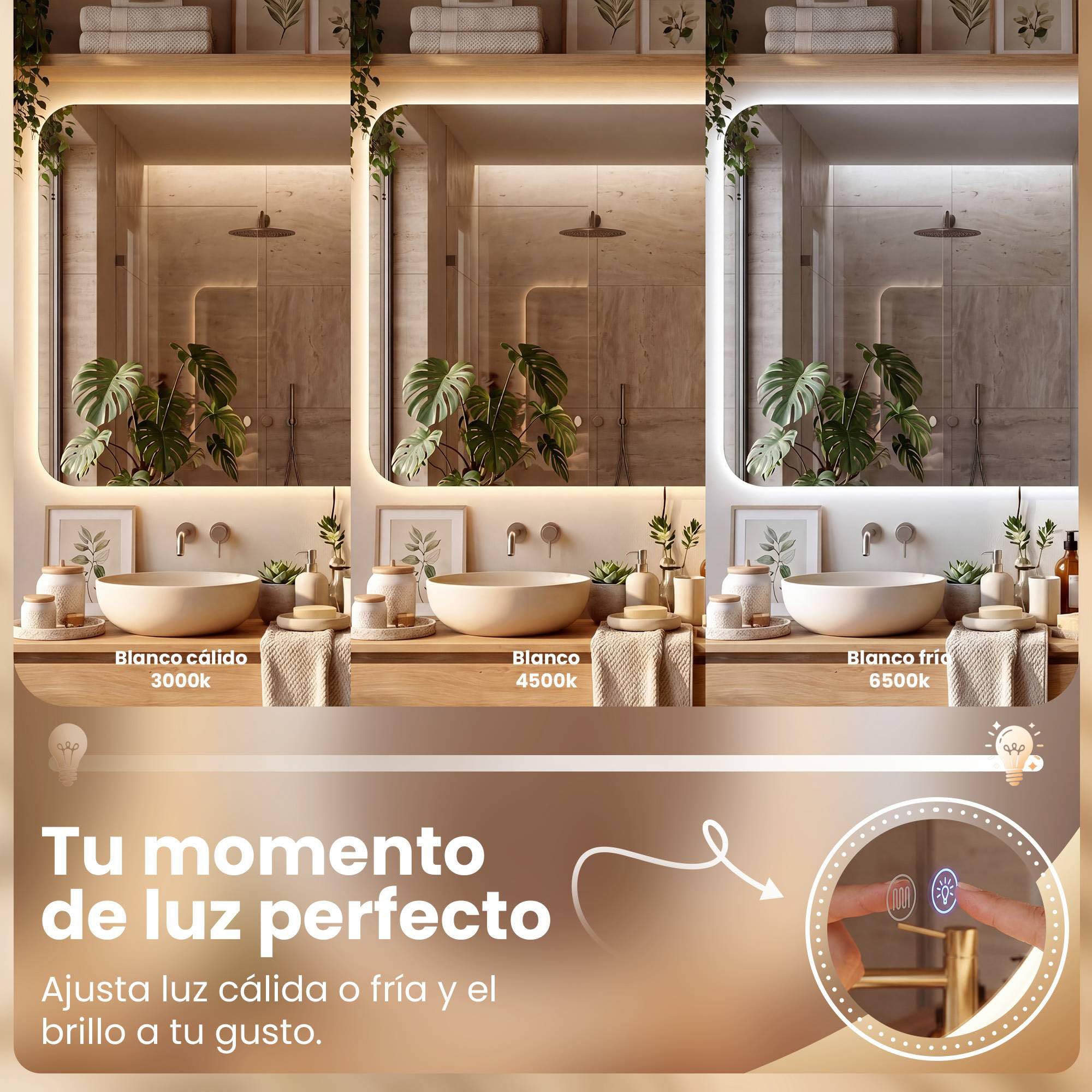 CLP Espejo de Bano LED Rectangular, Espejo de Pared sin Marco con dimmer tactil, 3 Tonos de luz, antivaho Palmiro, Tamaño:60x100 cm