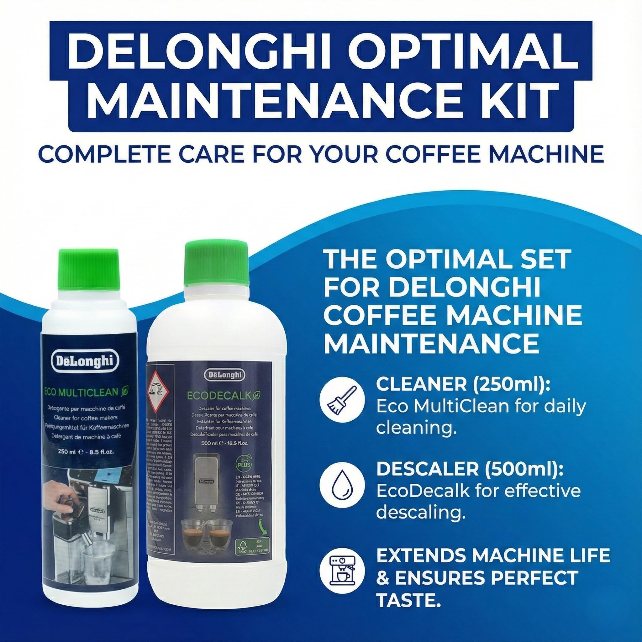 Aquafloow Kit d'entretien compatible avec DeLonghi Machine à Café – 3x Filtre à Eau (remplace DLSC002), DeLonghi EcoDecalk Détartrant (500ml) & Eco MultiClean (250ml) – Set de Nettoyage Complet