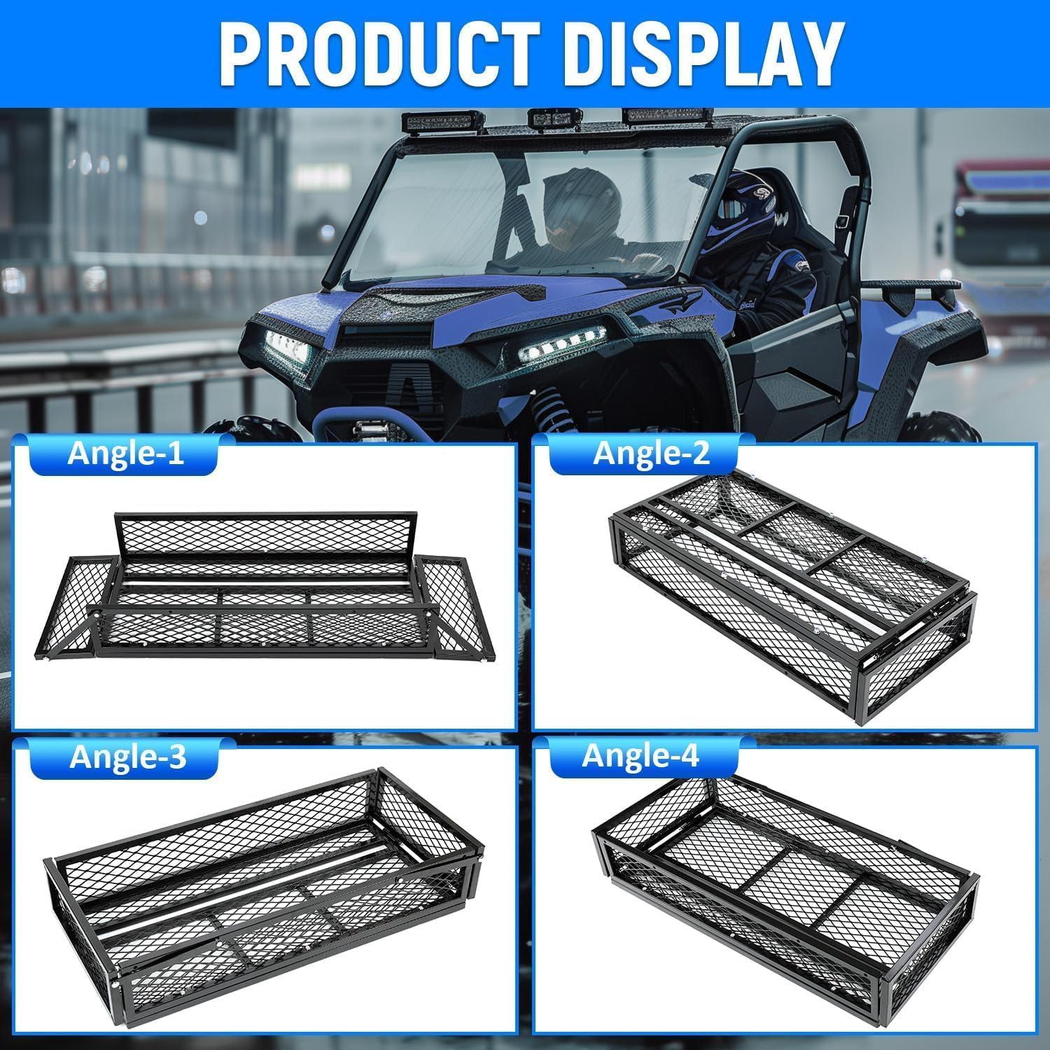 ECOTRIC Universal Front Cargo Basket,17.2" W x 37.2" L x 7.1" H, Compatible with UTV ATV Drop Storage Luggage Basket Mesh Rack Cargo