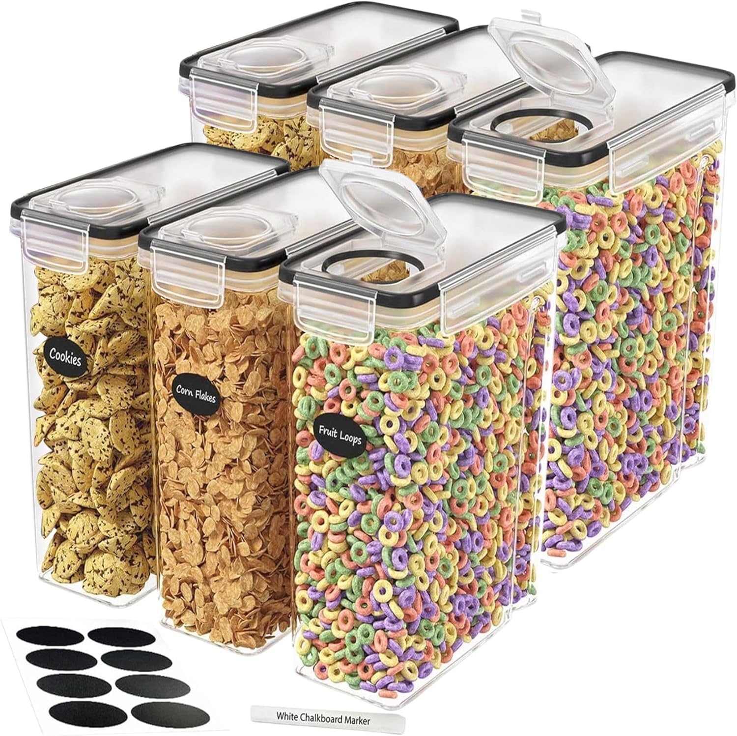 Panzy Home Transparent Panzy Cereal Storage Containers – Airtight Food Grade Plastic Dispensers With Lids, Bpa-Free Kitchen Storage For Cereal, Flour, Sugar & Dry Foods, Includes Labels & Marker (6)