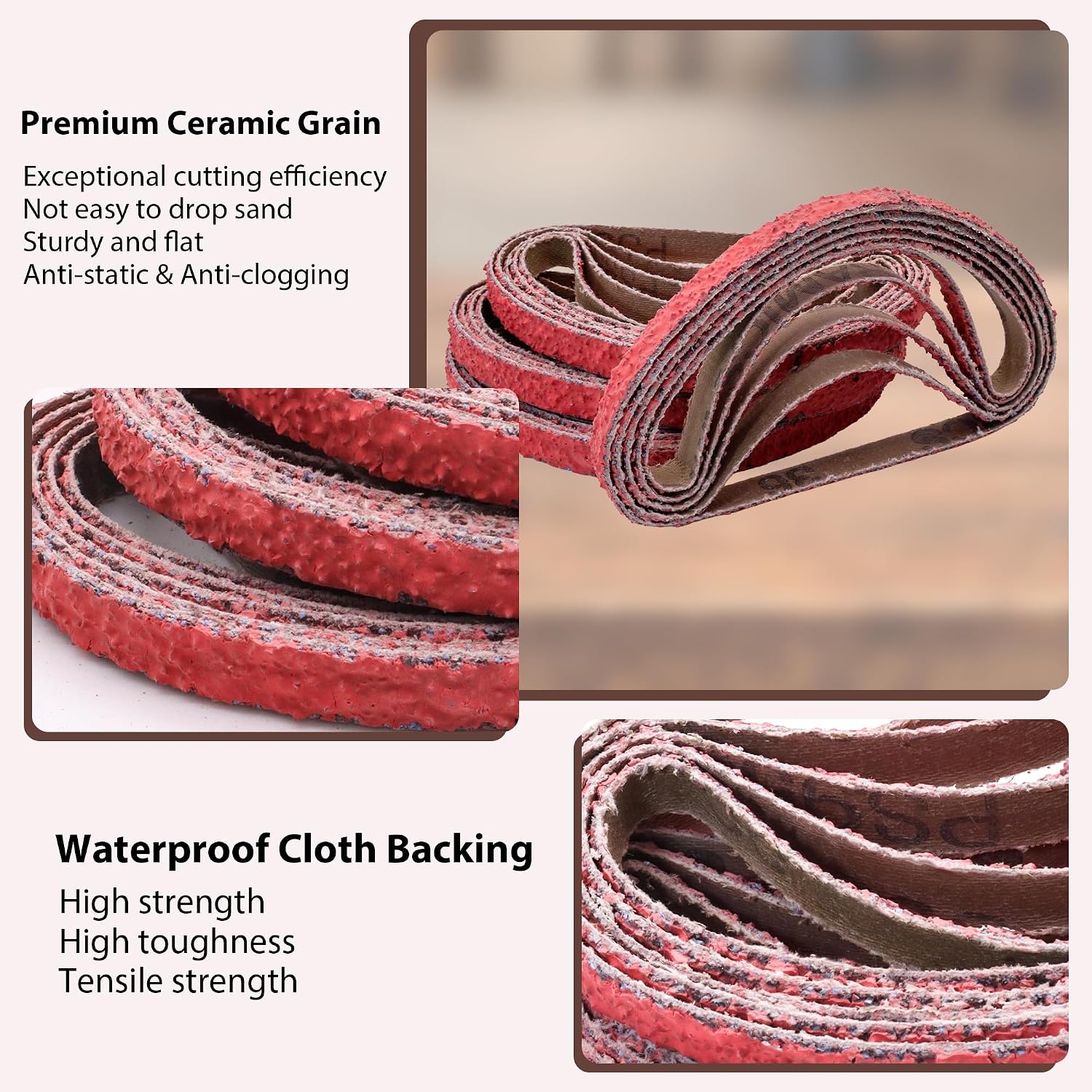 3/8 x 13 Inch Sanding Belts, 36 Grit Ceramic Belts for Air Belt Sander, Heavy-Duty for Rapid Stock Removal, Deburring, Shaping Metal & Wood, 20-Pack