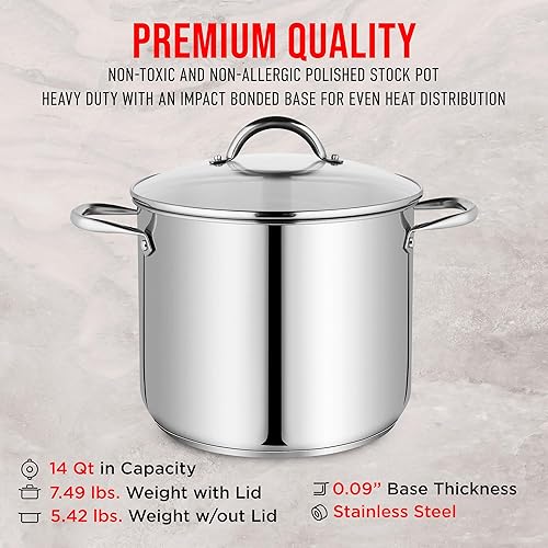 Miniatura 6 de Bakken-Swiss Deluxe - Olla de acero inoxidable de 14 cuartos de galón con tapa transparente de vidrio templado, deliciosas sopas, guisos y cocción