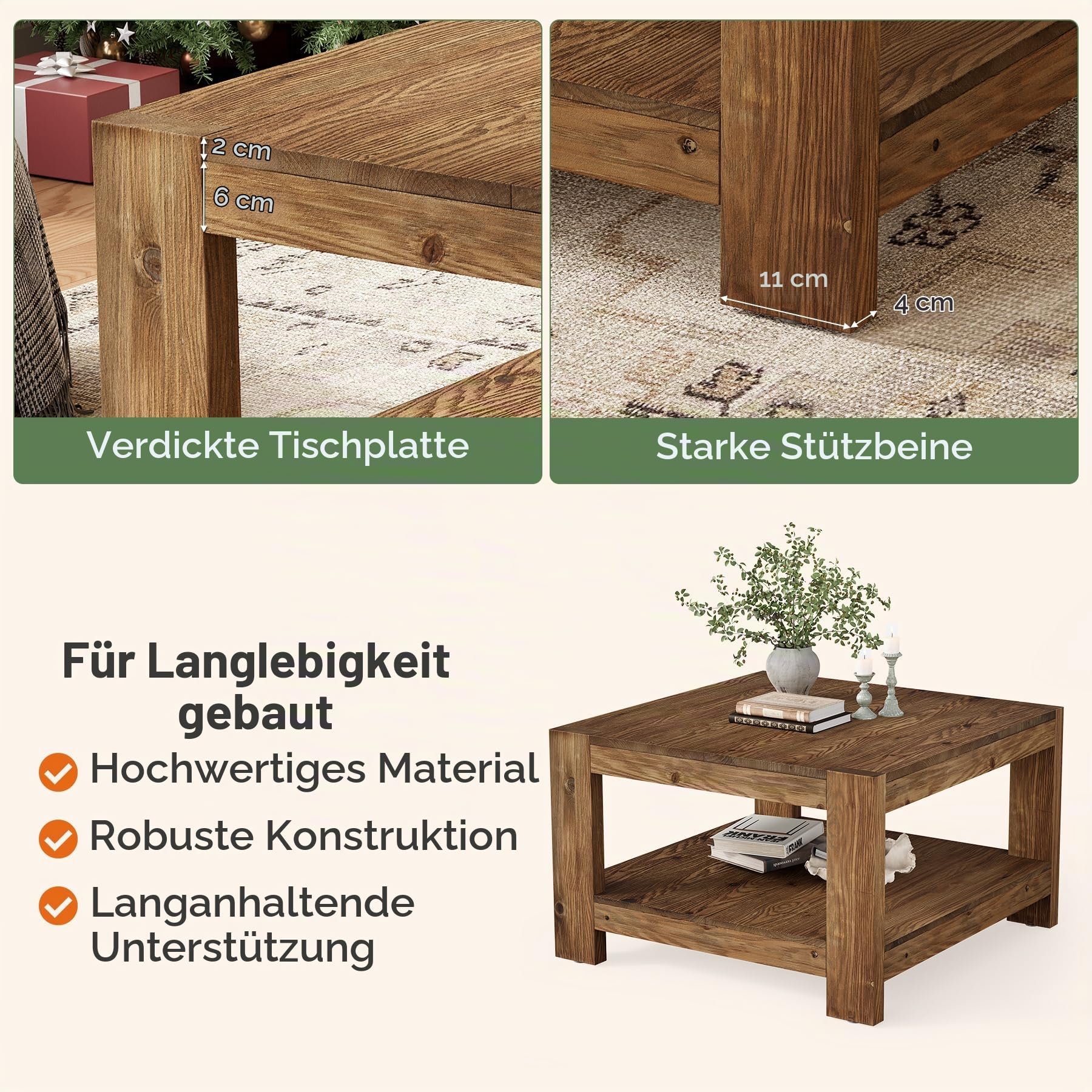 Massivholz Couchtisch Quadratisch 80 x 80 cm, Landhausstil Wohnzimmertisch mit Stauraum Braun, 2-stöckiger Sofatisch aus Holz im Landhausstil, Kaffeetisch für Wohnzimmer, Büro, kleine Räume
