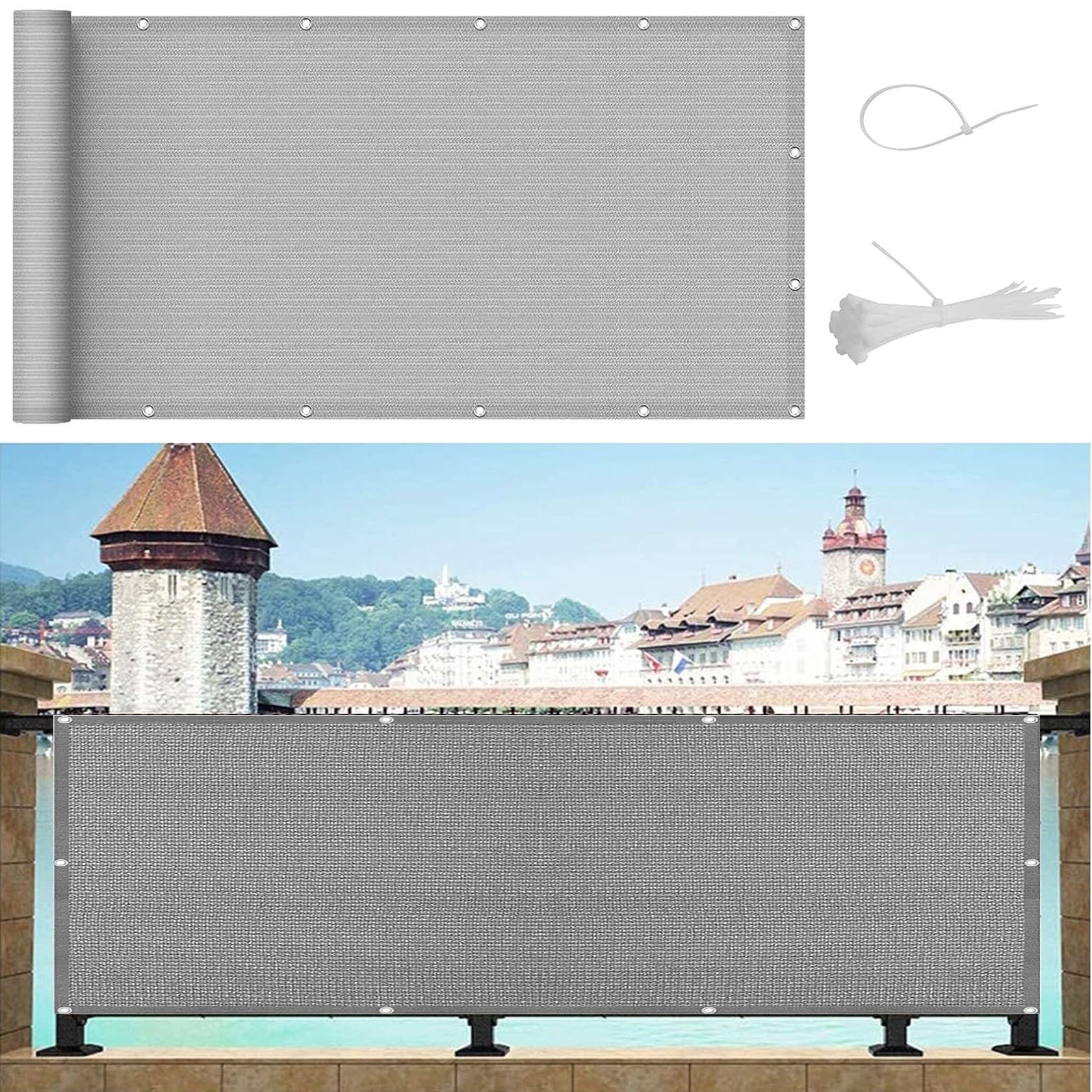 Osłona balkonowa, 70 x 750 cm, odporna na warunki atmosferyczne, ochrona przed promieniowaniem UV, osłona ogrodzenia na podwórko, szara siatka przeciwwiatrowa, niestandardowy rozmiar 71 x 750 cm