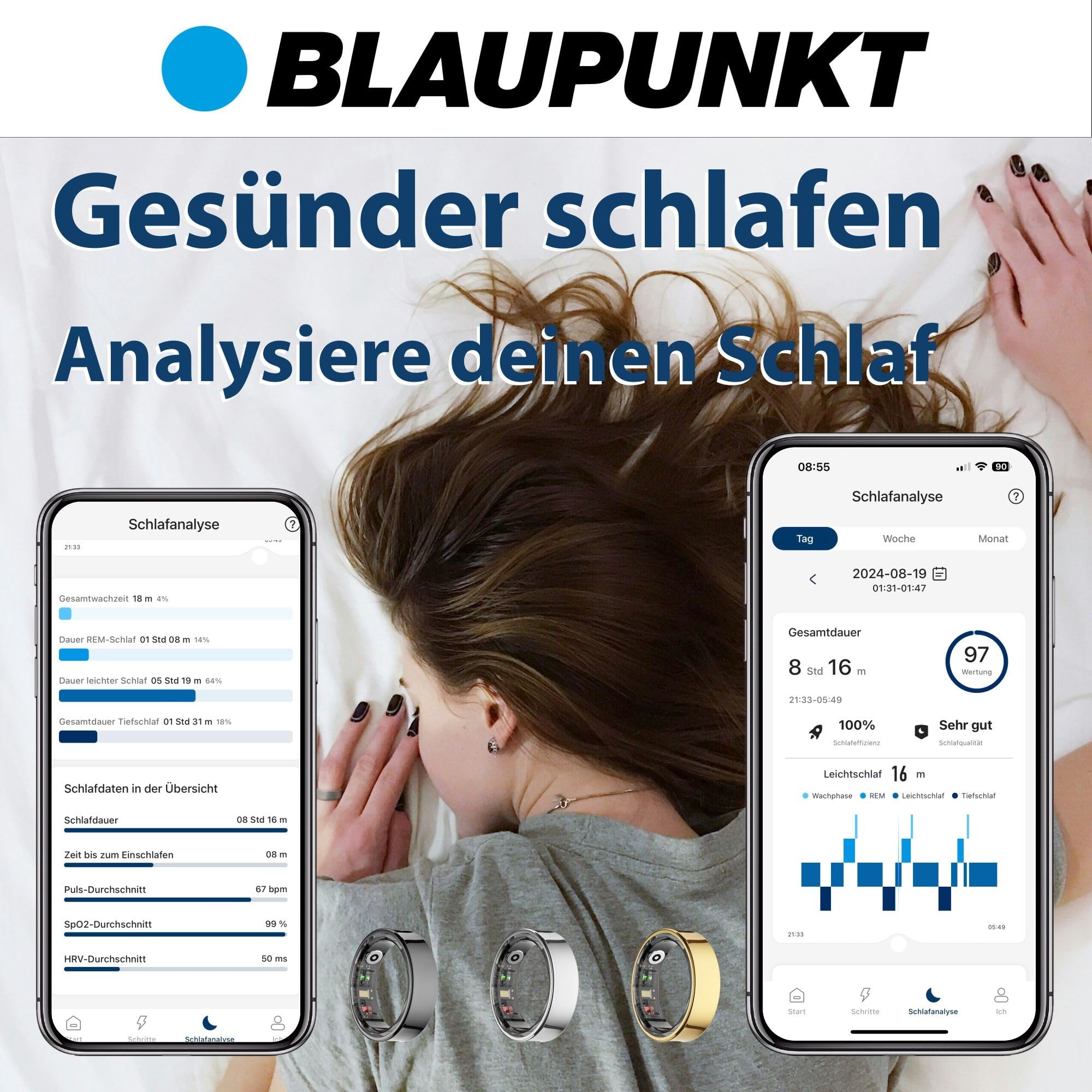 Blaupunkt Smart Ring Pro | kein ABO | höchster Datenschutz | Keine Cloudanmeldung | Titan | Schritte, Schlaf, Puls, Blutsauerstoff SpO2, HRV | IP68 | für Android und iOS |