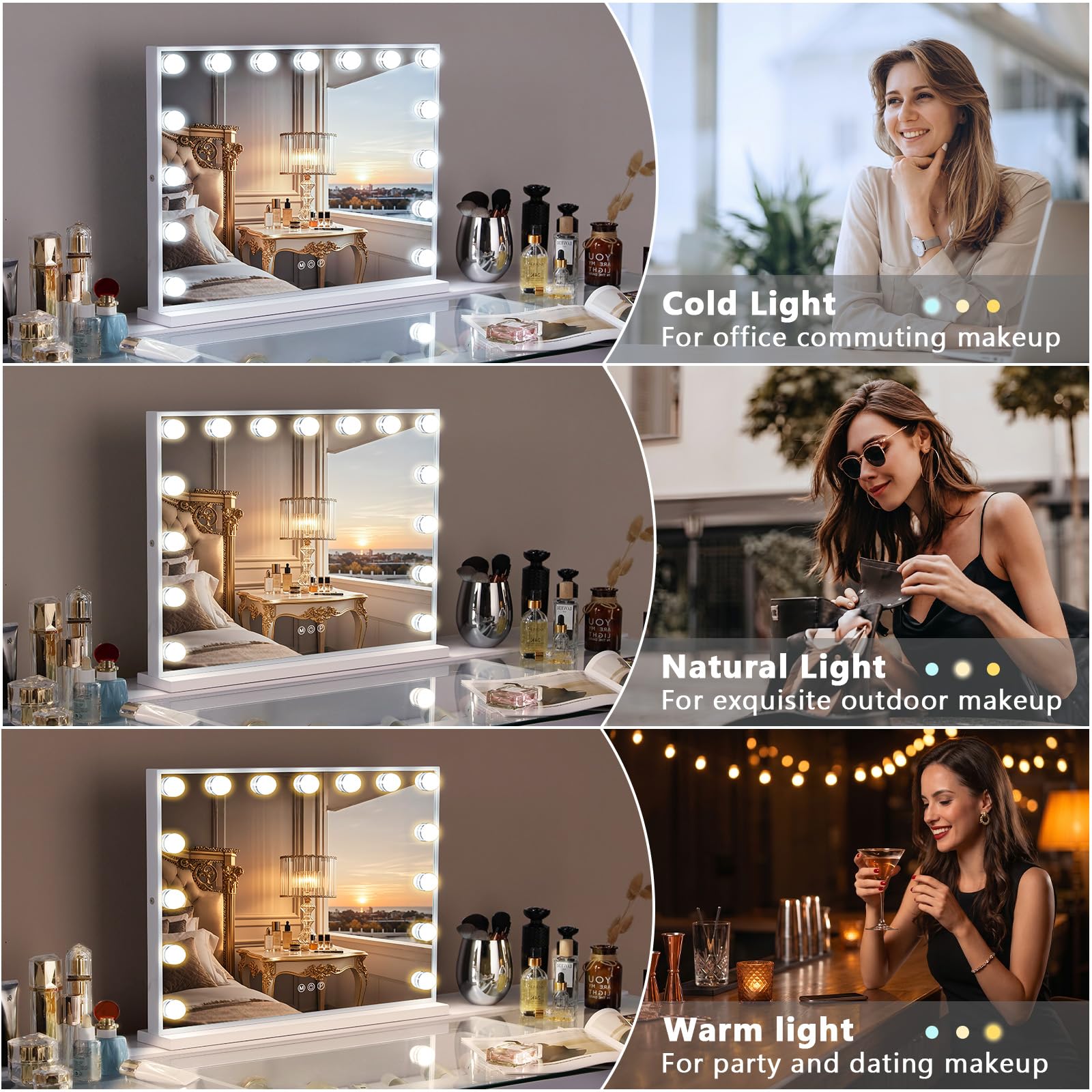 FENCHILIN Hollywood Schminkspiegel mit USB Type C Ausgangsanschluss, 3 Modi Einstellbarer Helligkeitsspiegel, Hollywood Spiegel mit Beleuchtung 15 LED Lampen Tisch Schminkspiegel