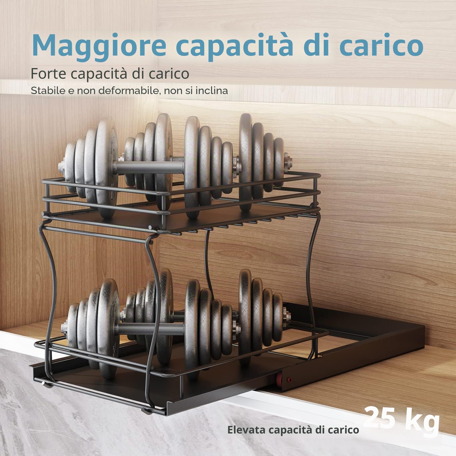 Portaspezie per Organizer， Porta Spezie per Cucina Estraibile 2 Livelli, Organizer Sottolavello Cucina, Organizzatore Porta Spezie per Riporre Barattoli e Spezie,Metallo/nero