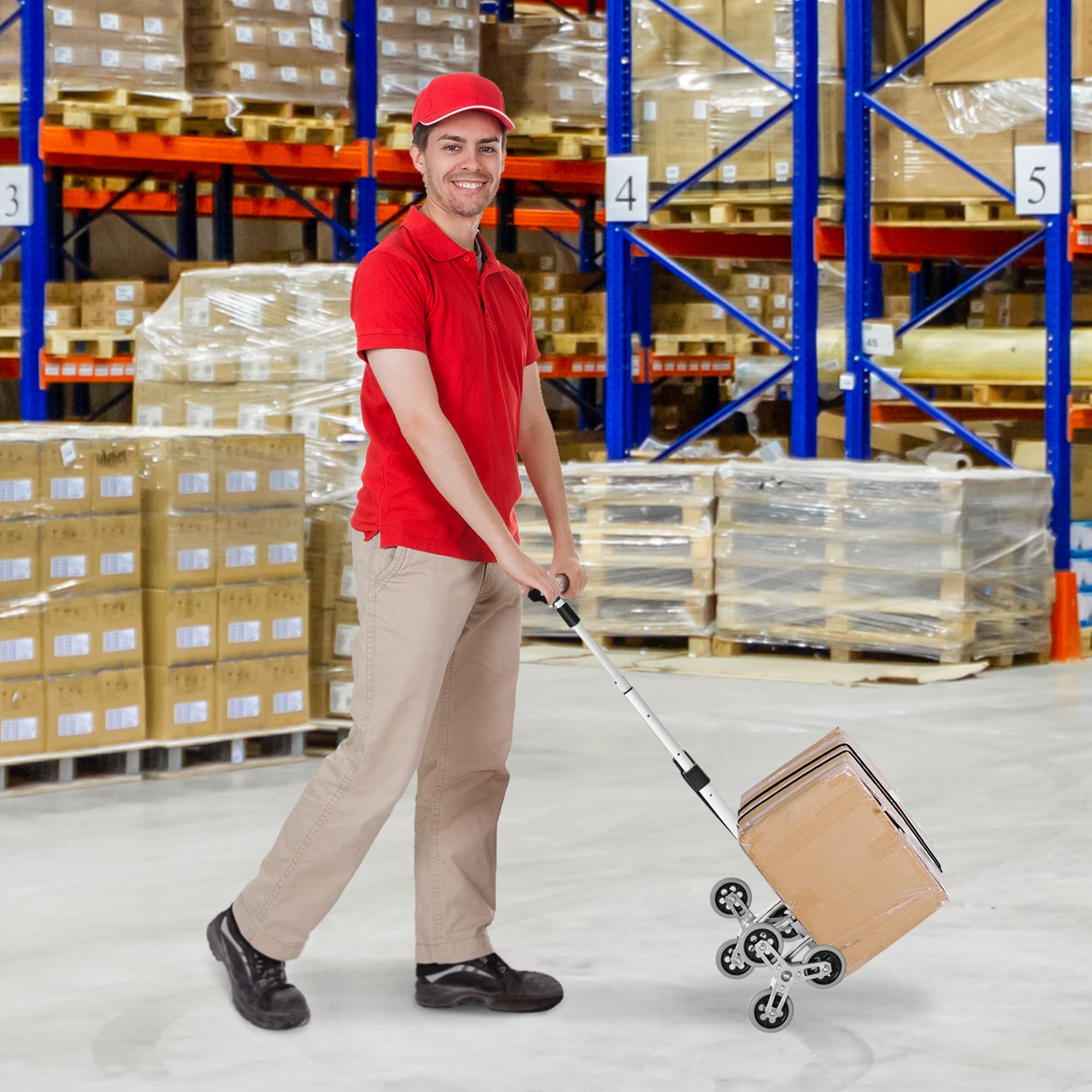 DURHAND Carrello Portapacchi a 6 Ruote 47x47x100 cm Nero e Argento | max 70 kg, con Fune e Maniglia Estraibile, Carrello Pieghevole, in Alluminio, PP e TPR