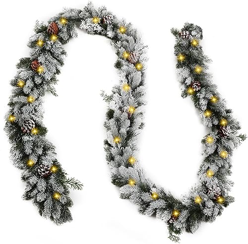 Chuangdi Guirnalda de pino con luces LED de 15 pies, guirnalda de pino de bosque esmerilado, guirnalda de piñas de cedro artificial nevado con cono
