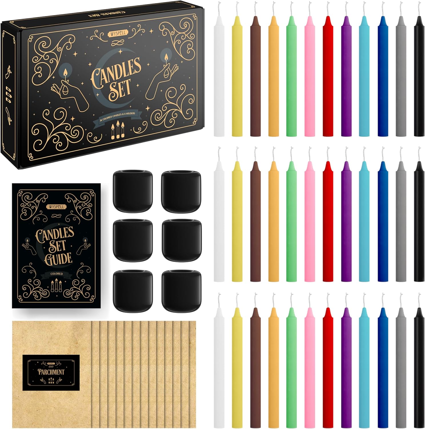 WYSPELL 36 Colored Spell Candles | 5" x 1/2" | Taper Candles Kit for Witchcraft & Decor | 6 Chime Candle Holders | Wiccan Supplies & Candlesticks Set