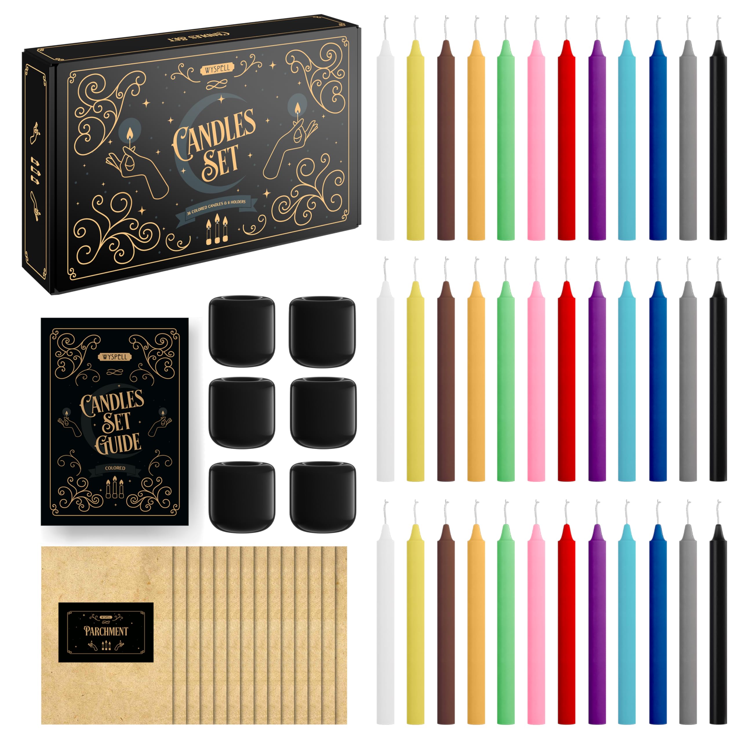 WYSPELL 36 Colored Spell Candles | 5" x 1/2" | Taper Candles Kit for Witchcraft & Decor | 6 Chime Candle Holders | Wiccan Supplies & Candlesticks Set