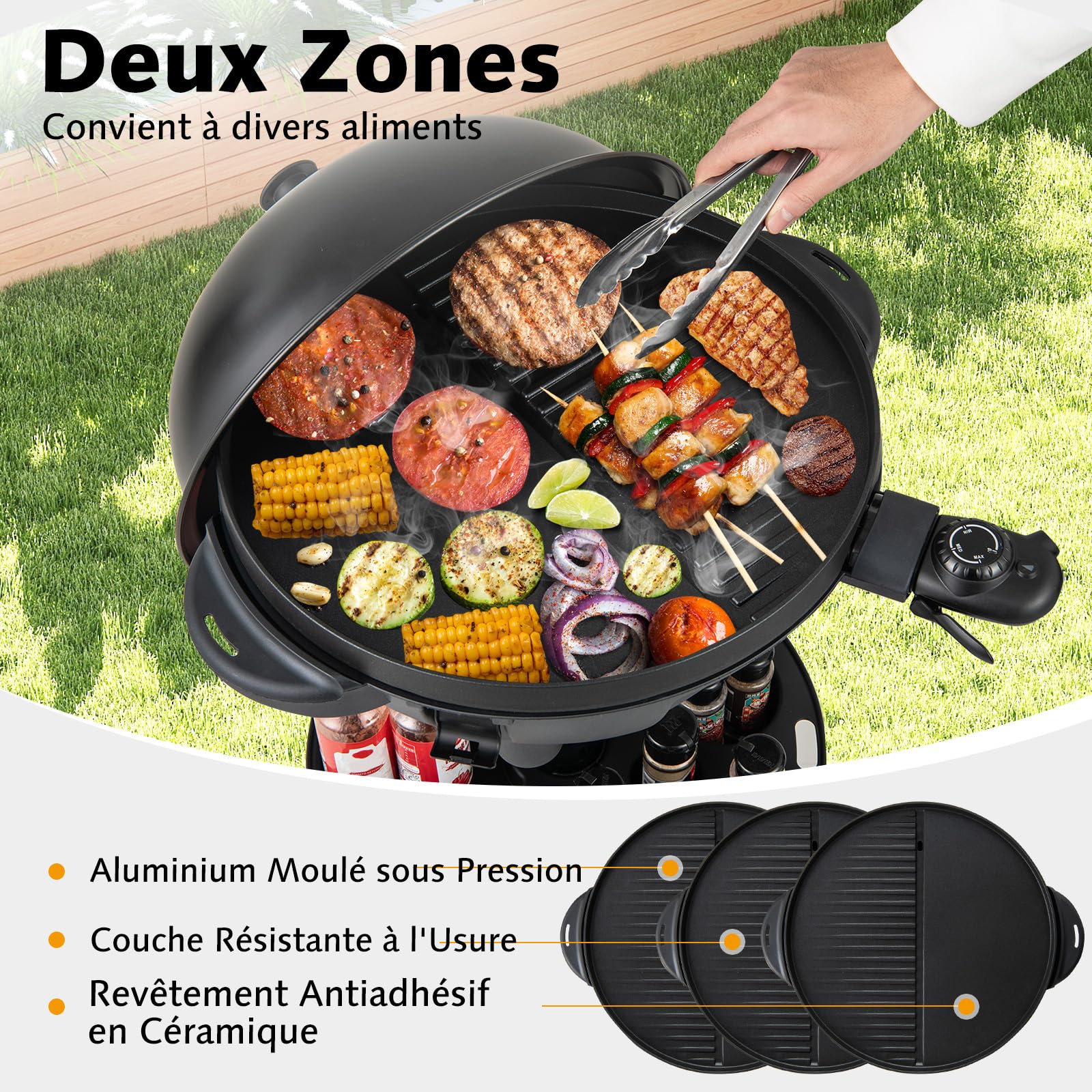 COSTWAY Barbecue Électrique 1200W Extérieur - Plaque Antiadhésive 2 Zones Avec Support Amovible