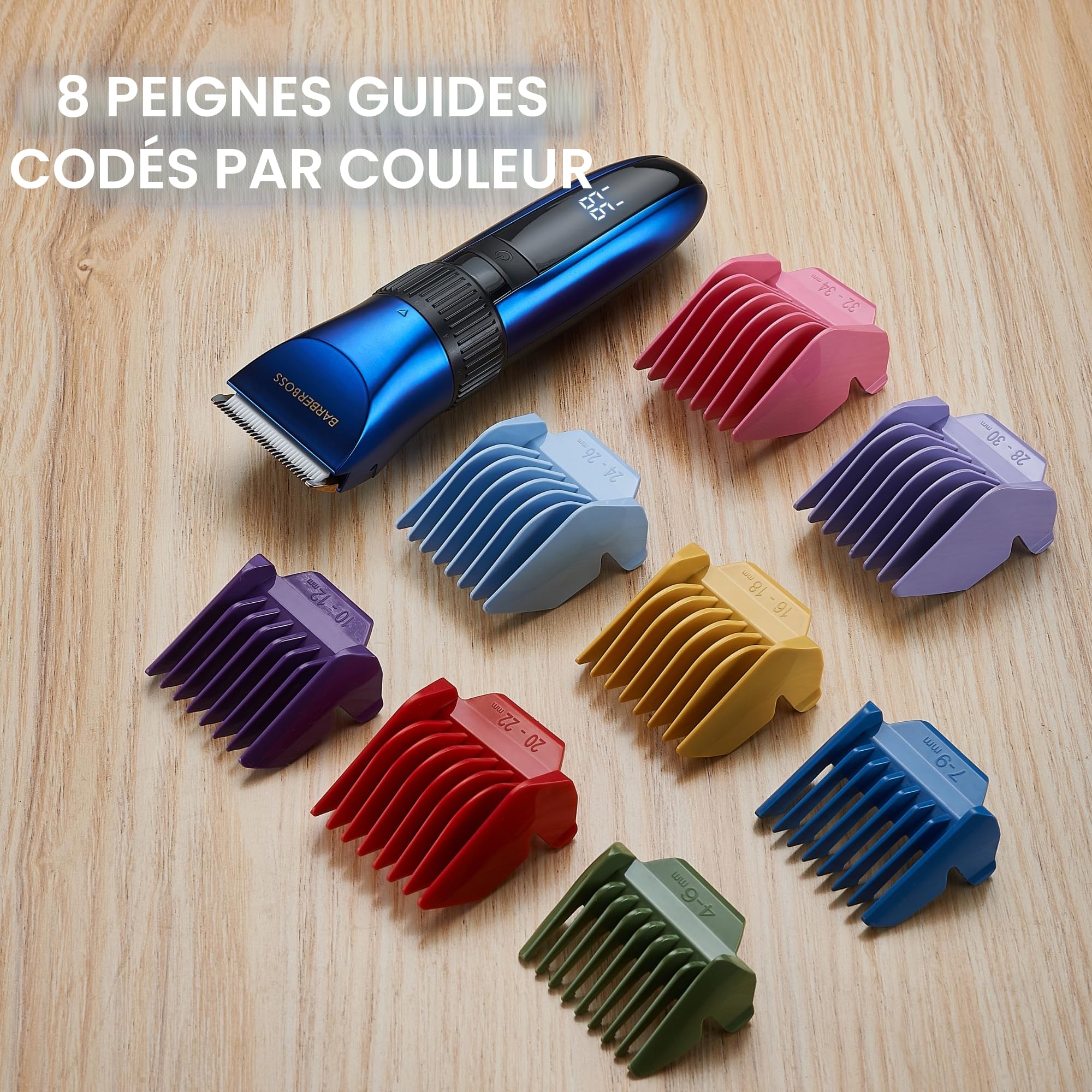 BarberBoss Tondeuse à barbe et à cheveux sans fil – Étanche avec lames en céramique, écran LED, charge rapide et peignes 8 couleurs QR-2082