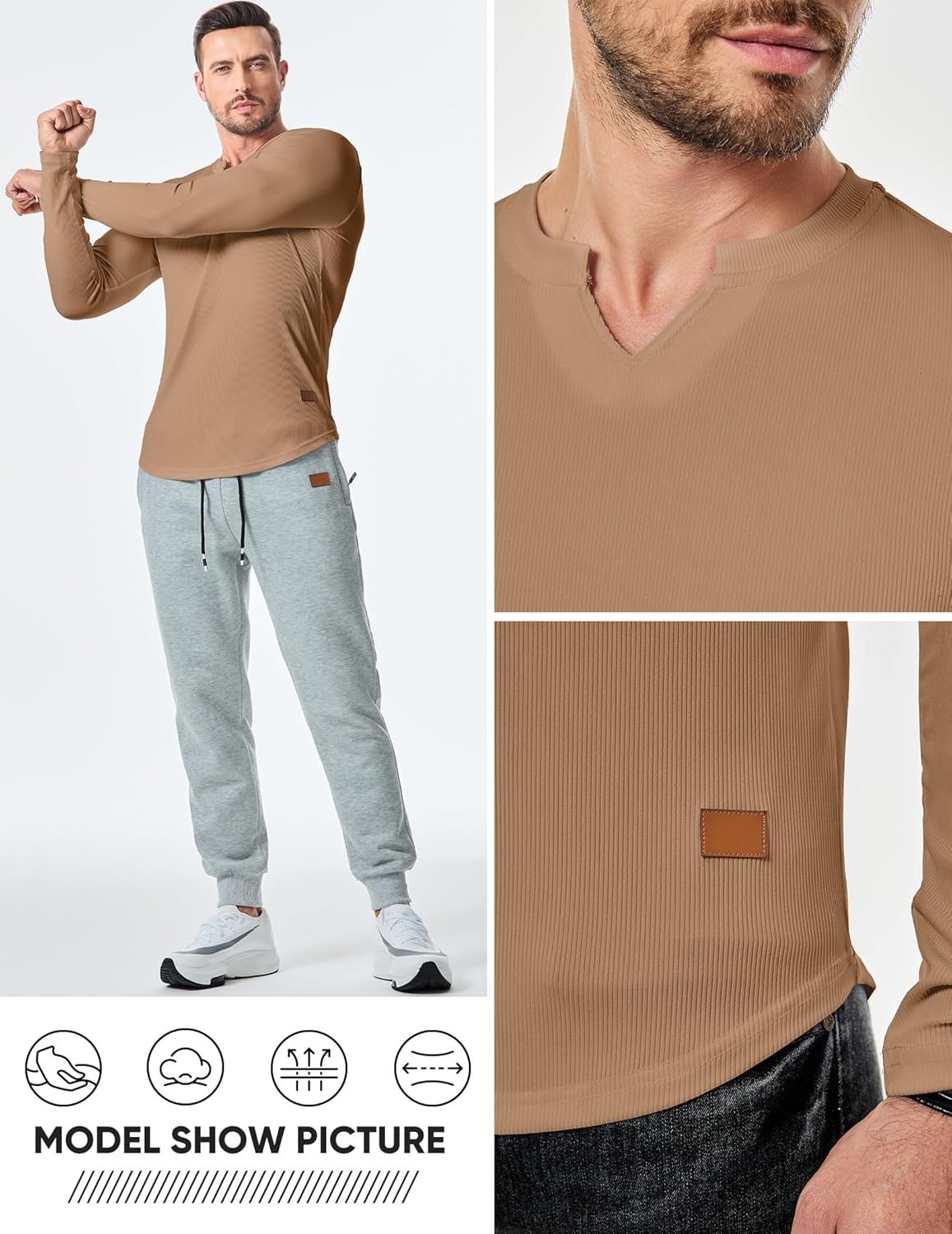 JMIERR Mens Long Sleeve Muscle T Shirts Casual V-Neck Longline Ribbed Tee Shirts - Image 6