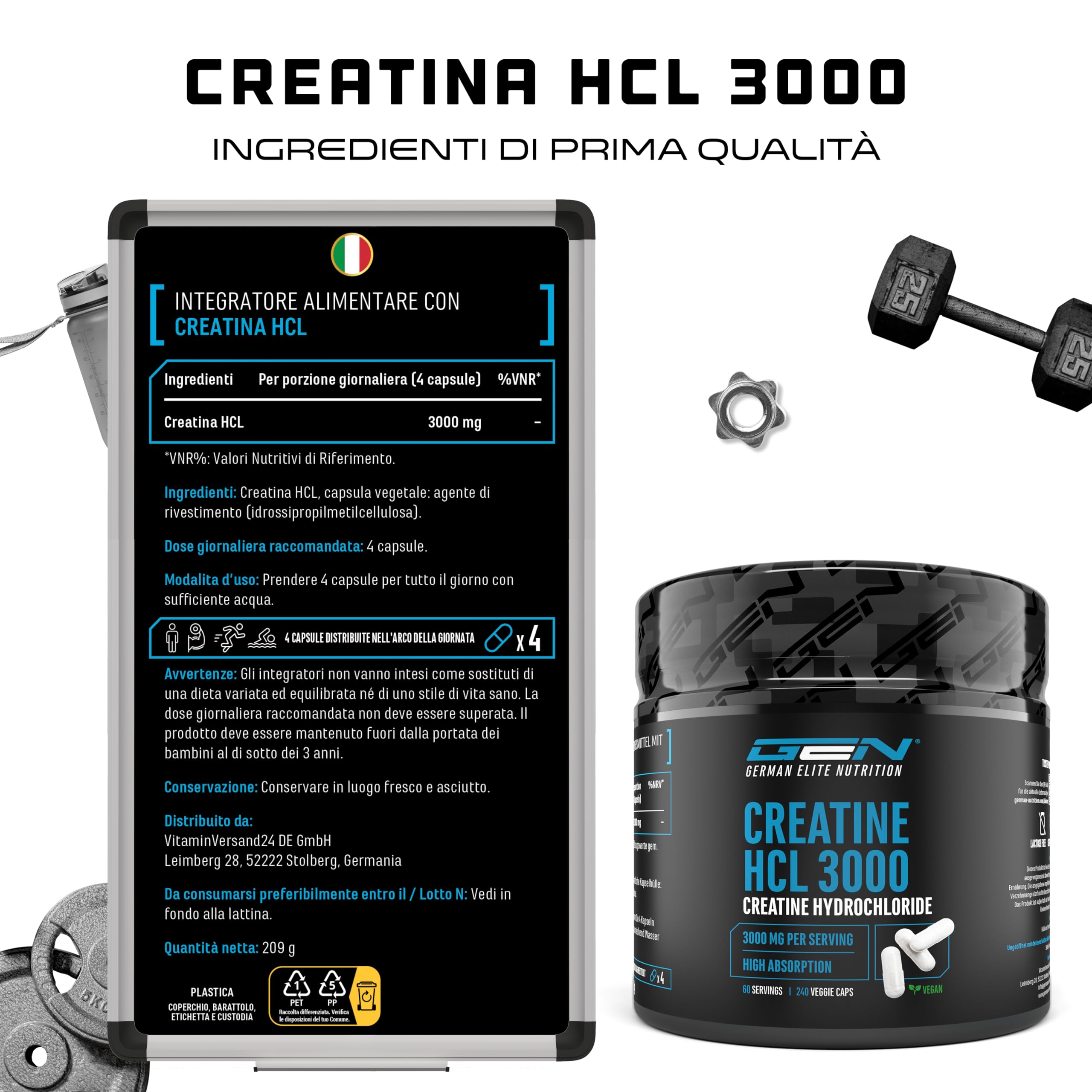 Creatina HCL - 240 capsule vegane - Dosaggio elevato di 3000 mg - Creatina cloridrato pura - Assorbimento elevato - Alto livello di qualità.