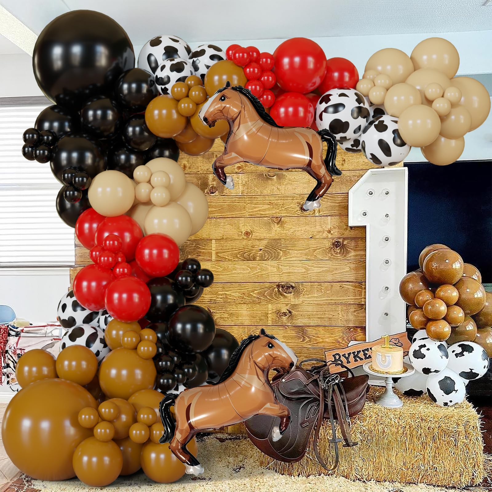 BlissBash 148Pcs Western Balloon Arch Garland Kit with Black Red Brown Cowboy Horse Balloons, Perfect for Boy First Rodeo, Wild West Country Birthday