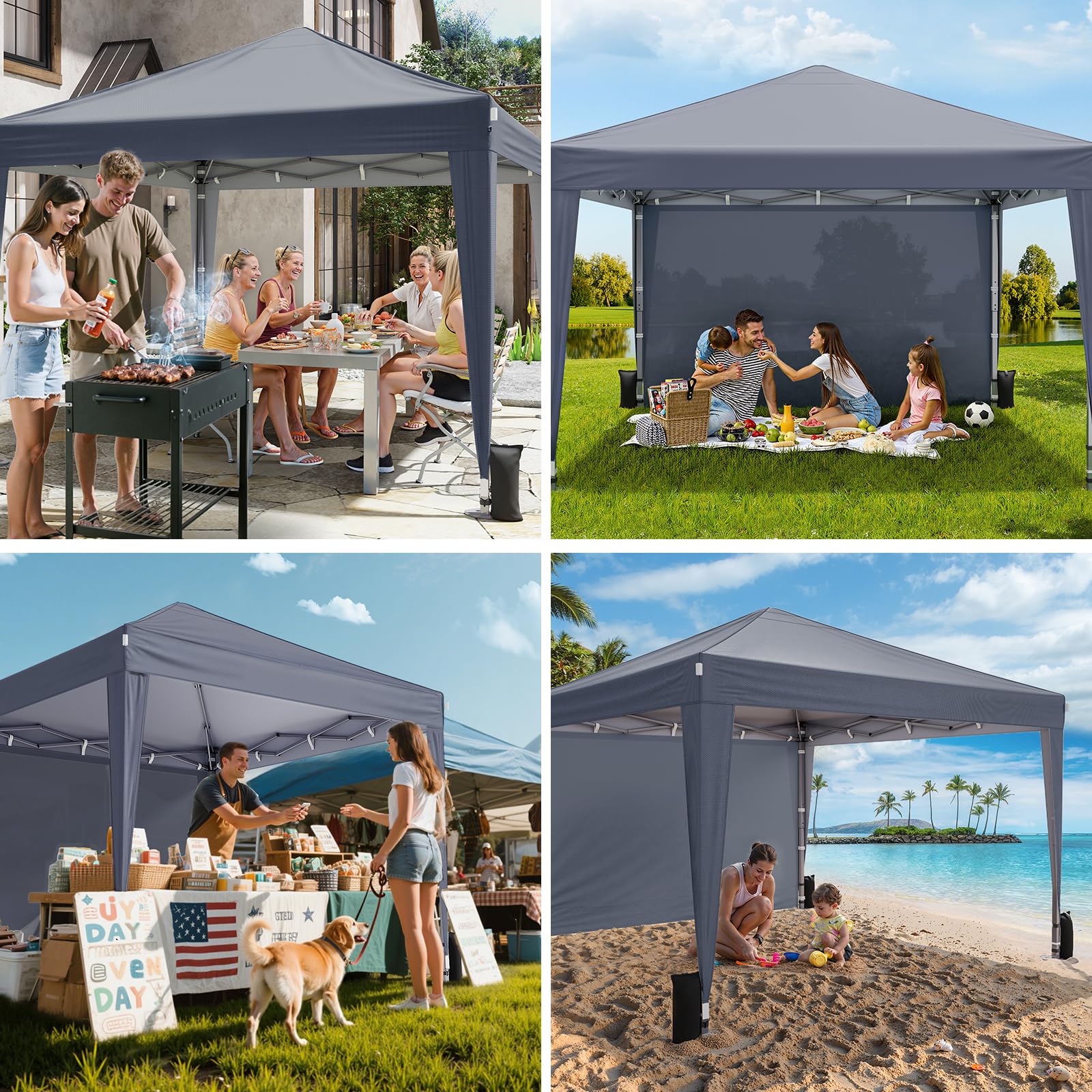 Driftalia Tonnelle avec côtés 3 m x 3 m - Étanche - Avec 4 sacs de sable et sac de transport - Pour fêtes, camping, événements commerciaux - Gris foncé